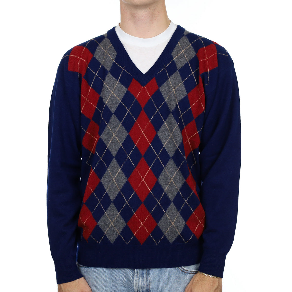 Men's Scottish Midnight Navy Argyle Cashmere V Neck Jumper Large