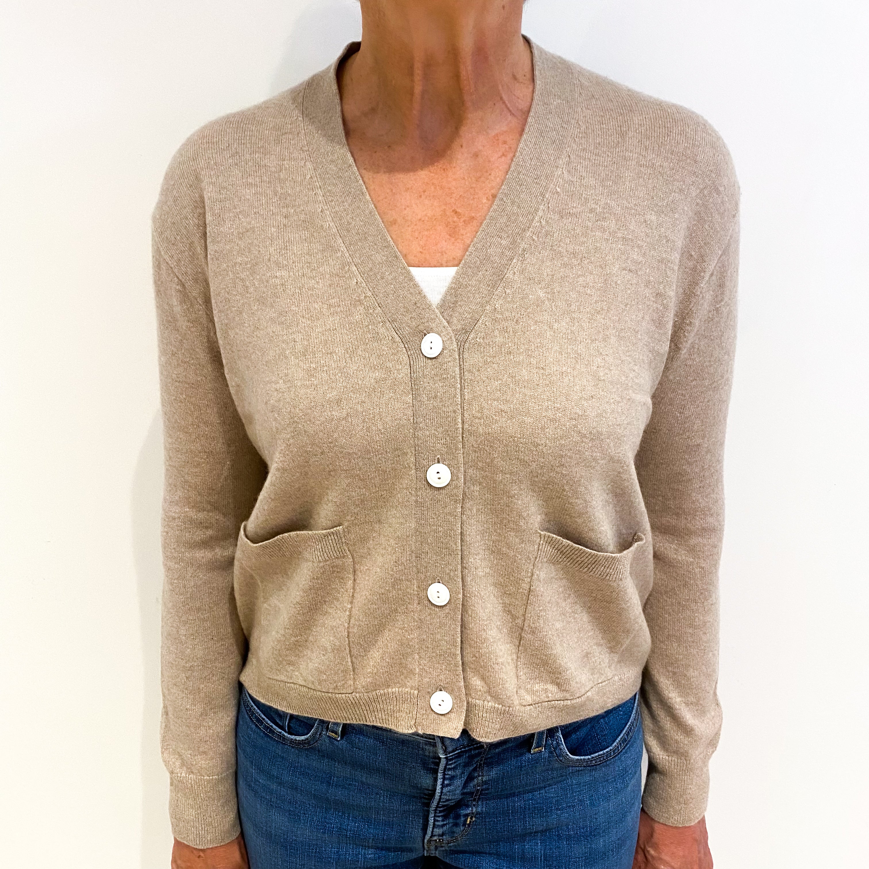 Biscuit Beige Cashmere V Neck Cardigan Medium