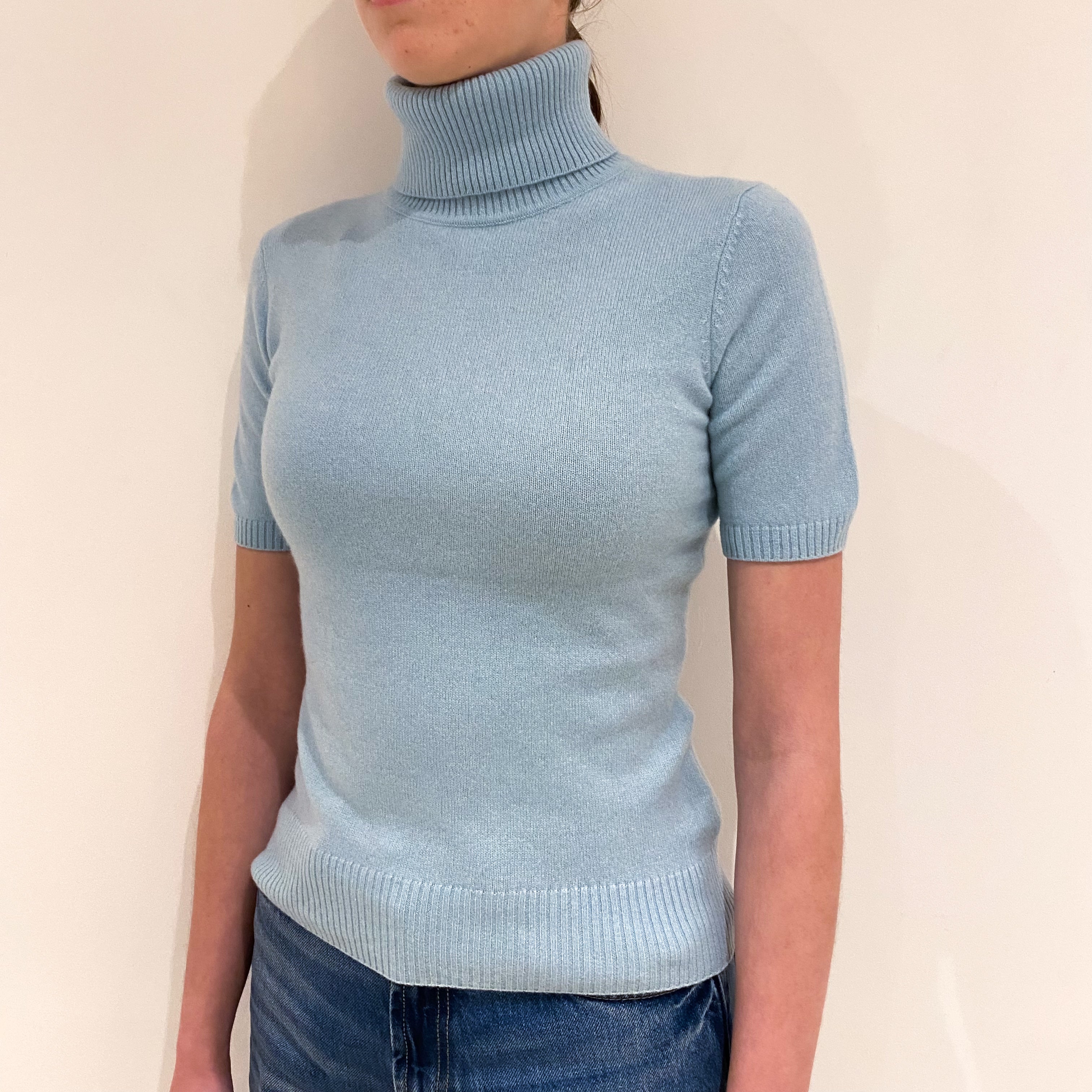 Opal Blue Cashmere Short Sleeved Polo Neck Jumper Extra Small