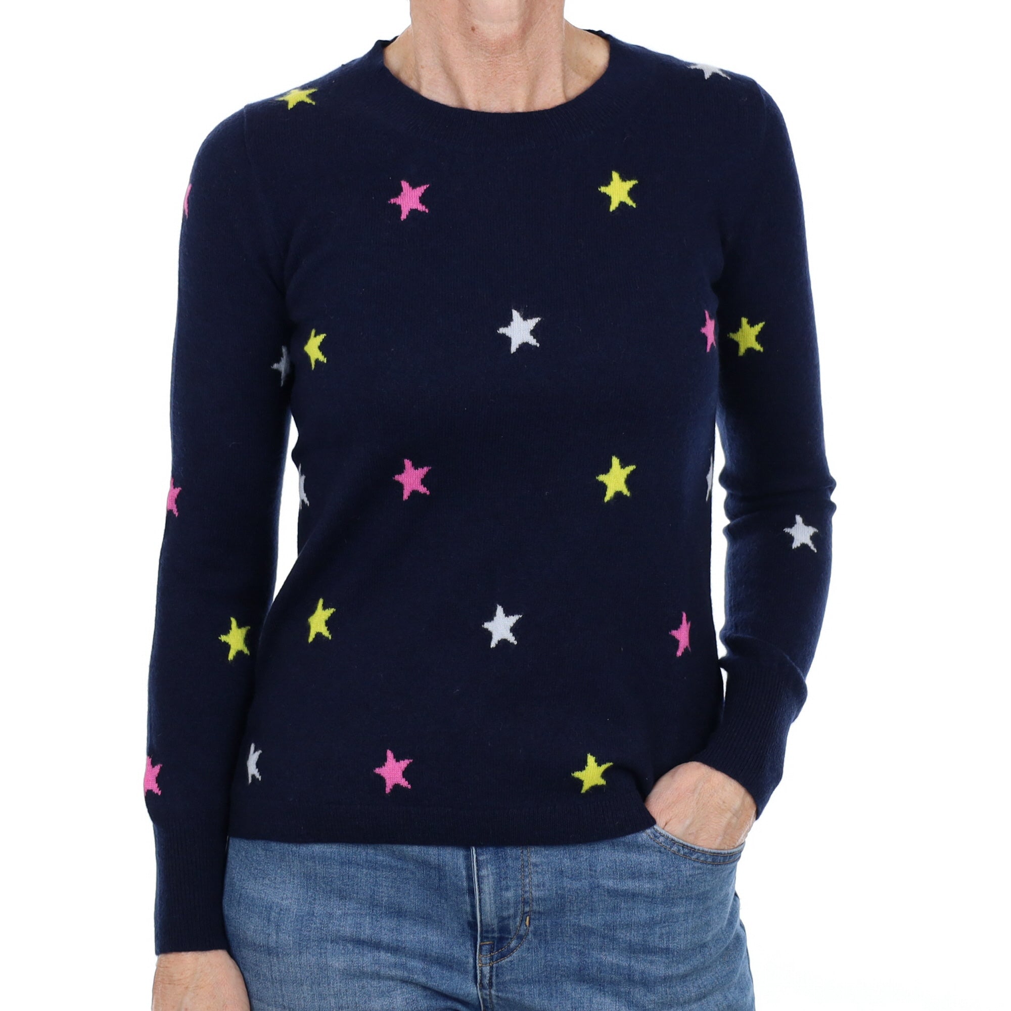 Navy Blue Star Cashmere Crew Neck Jumper Small