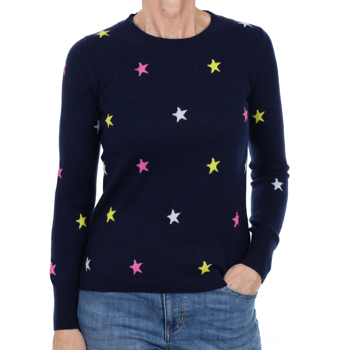 Navy Blue Star Cashmere Crew Neck Jumper Small
