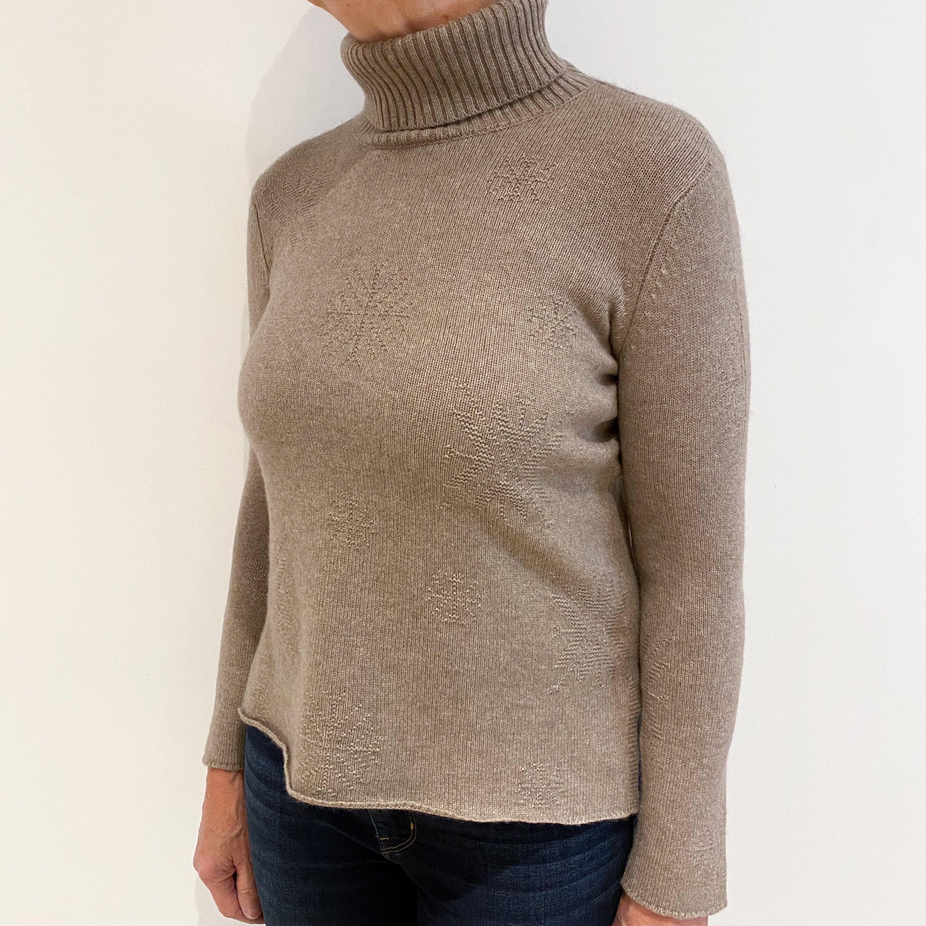 Fawn Brown Chunky Knit Cashmere Polo Neck Jumper Medium