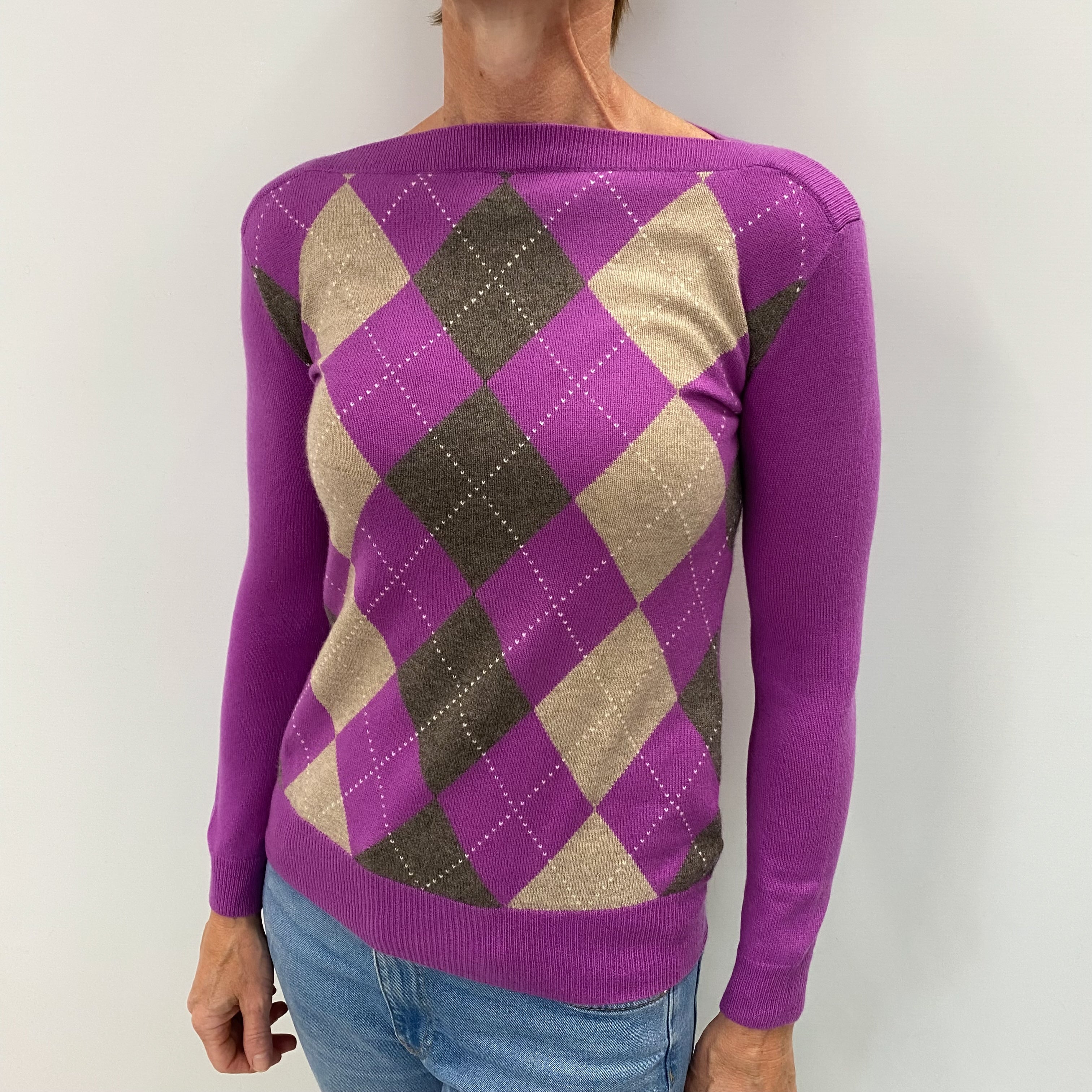 Loganberry Purple Argyle Cashmere Slash Neck Jumper Small