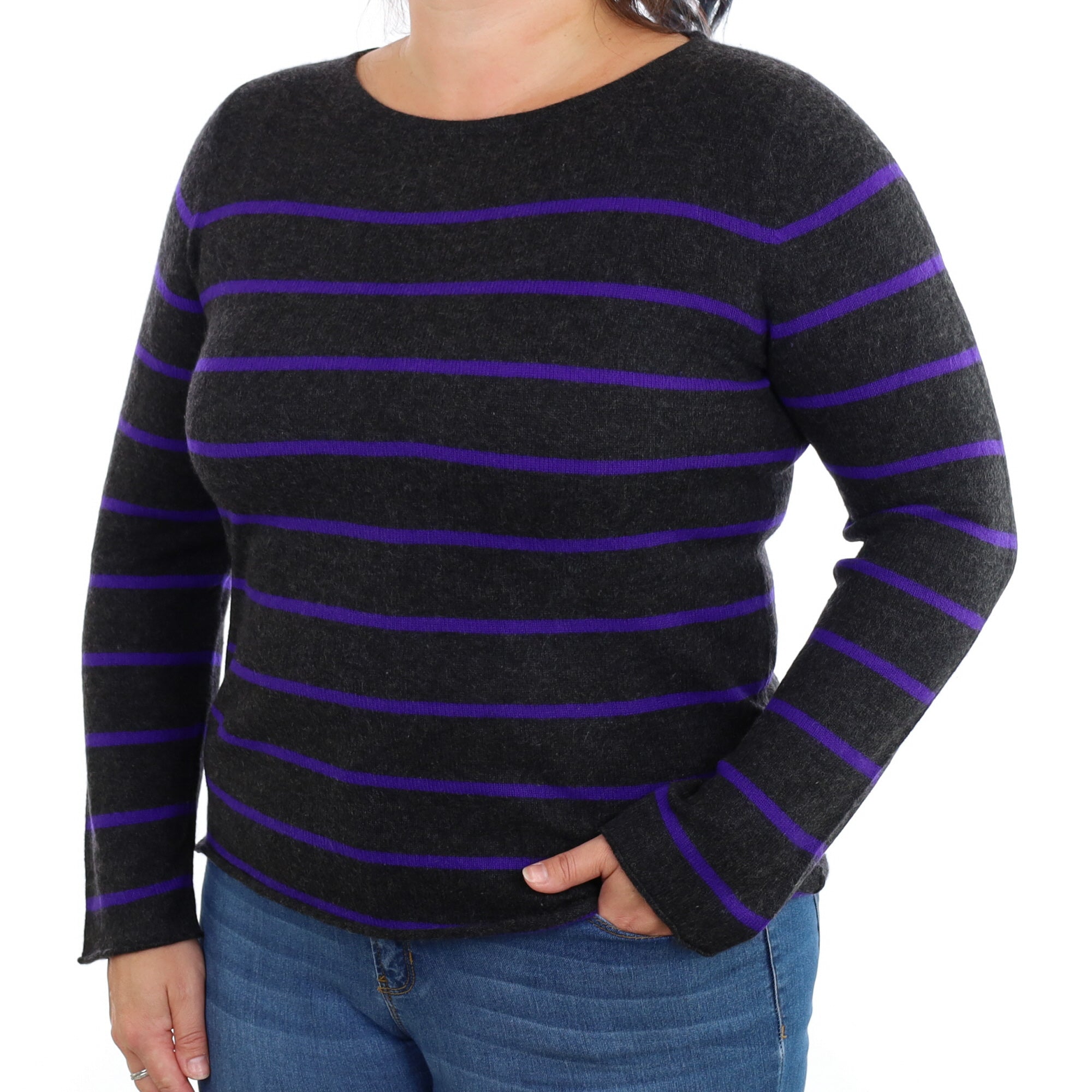 Charcoal Grey Striped Cashmere Crew Neck Jumper Large