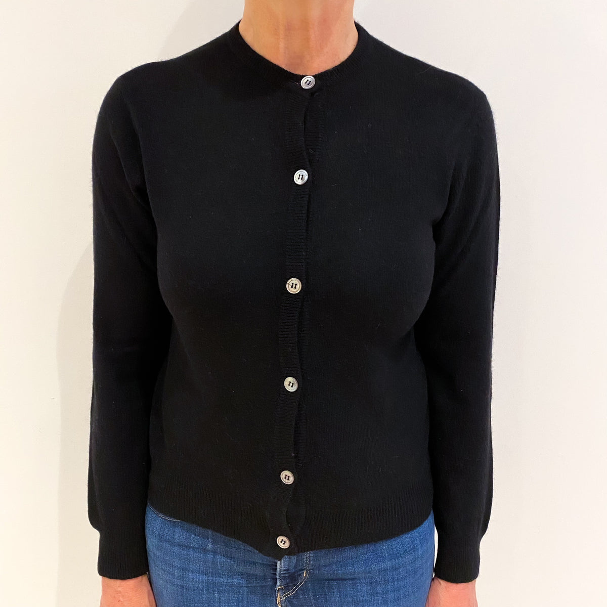 Black Cashmere Crew Neck Cardigan Medium