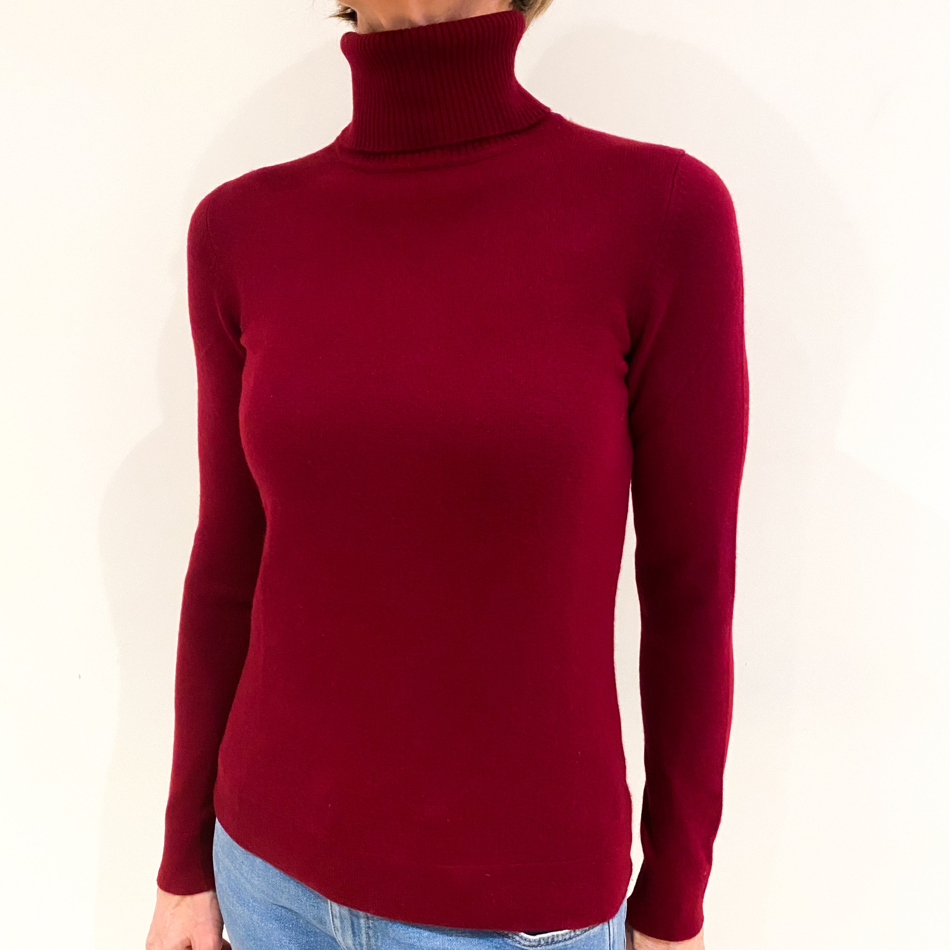 Burgundy Red Cashmere Polo Neck Jumper Small