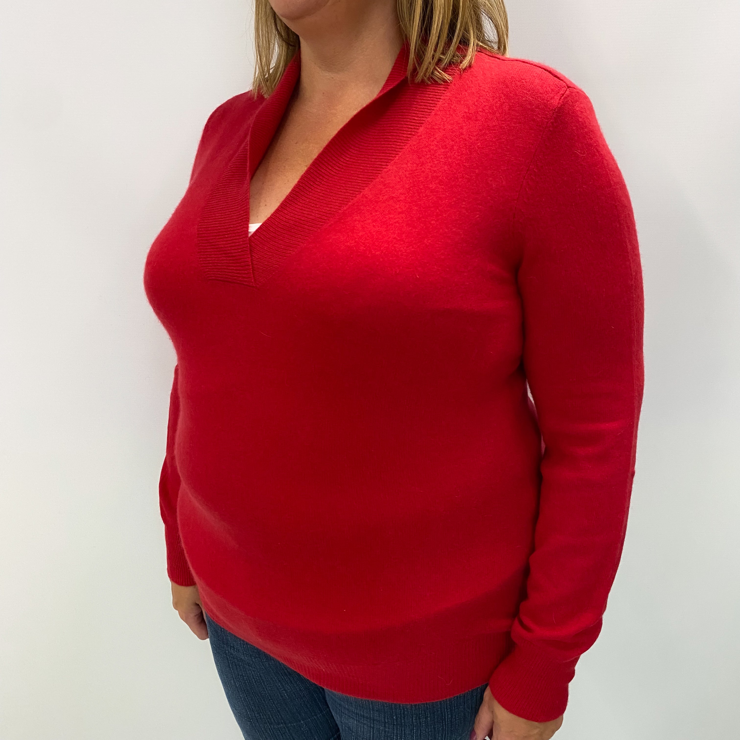 Scarlet Red Cashmere V Neck Shawl Jumper Extra Large