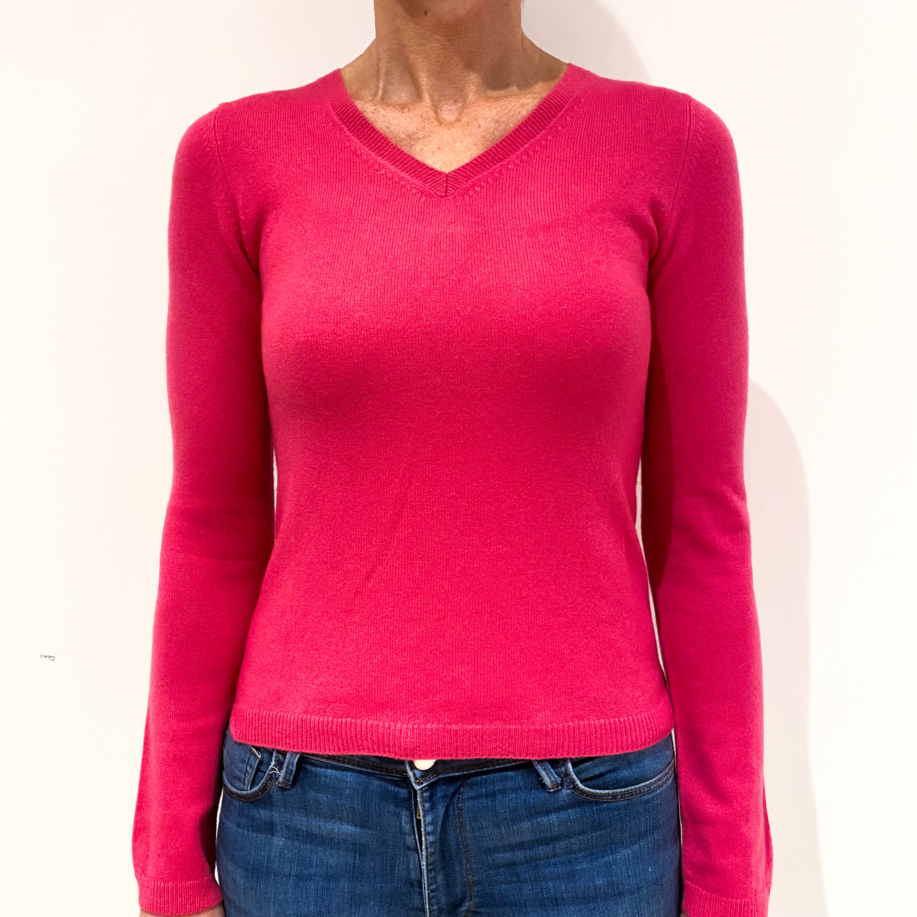 Hot Pink Cashmere V-Neck Jumper Small