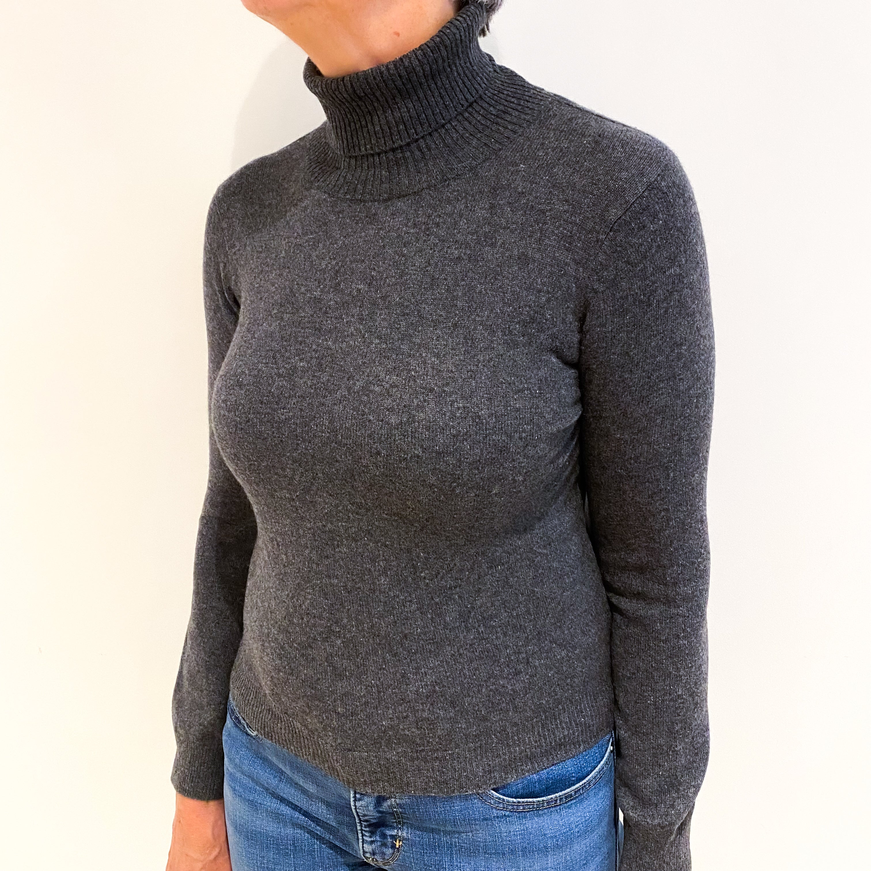 Slate Grey Cashmere Polo Neck Jumper Medium