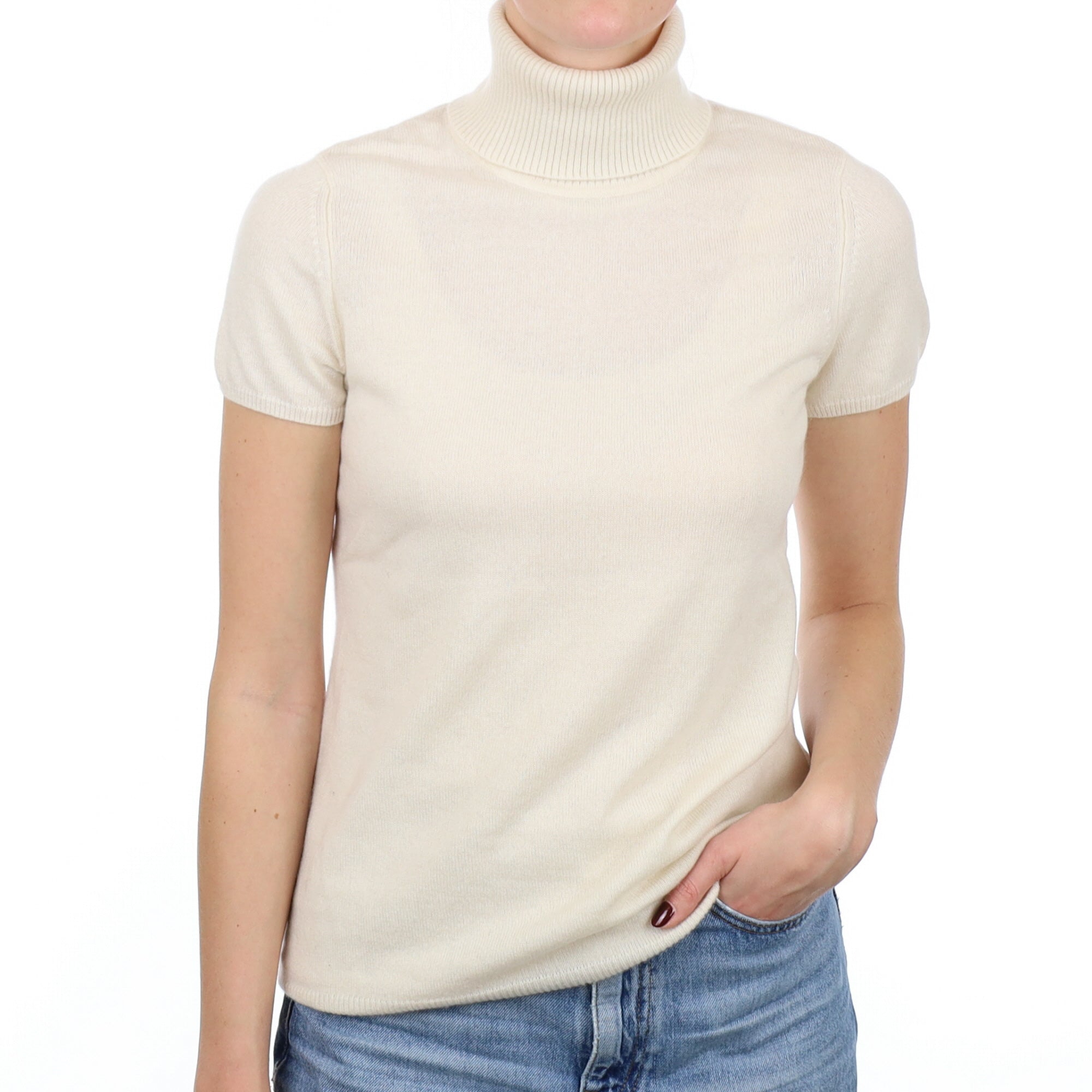 Vanilla Cream Cashmere Short Sleeve Polo Neck Jumper Small