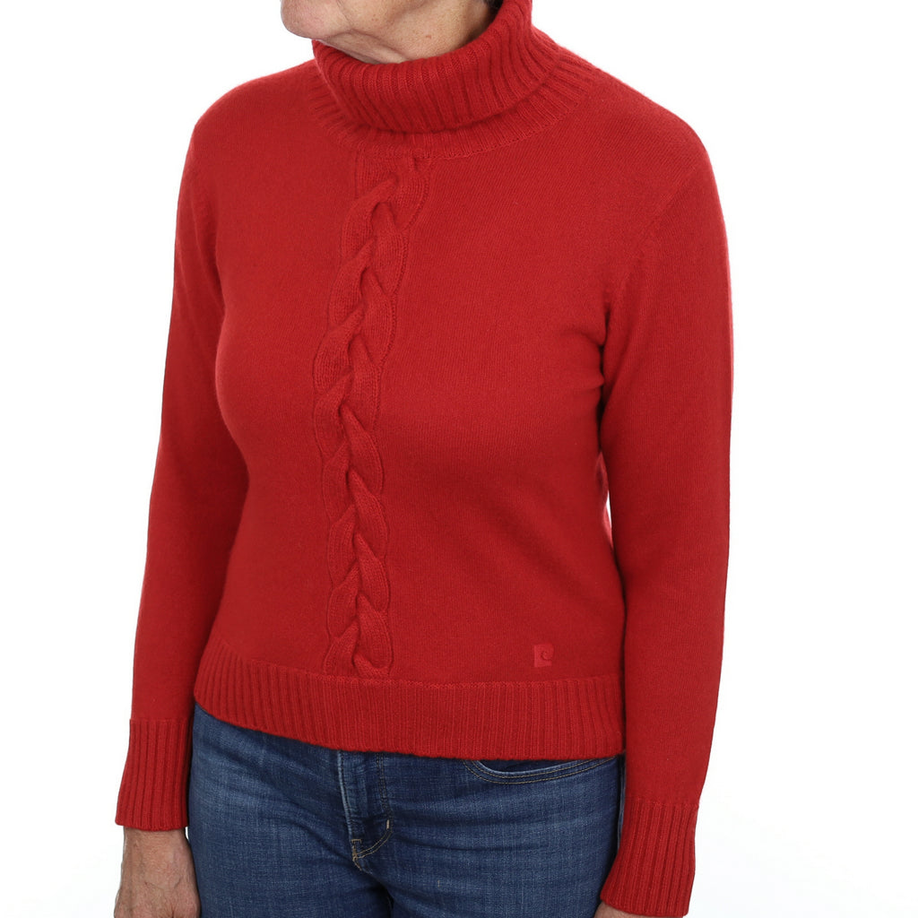 Scarlet Red Cable Detail Cashmere Polo Neck Jumper Medium
