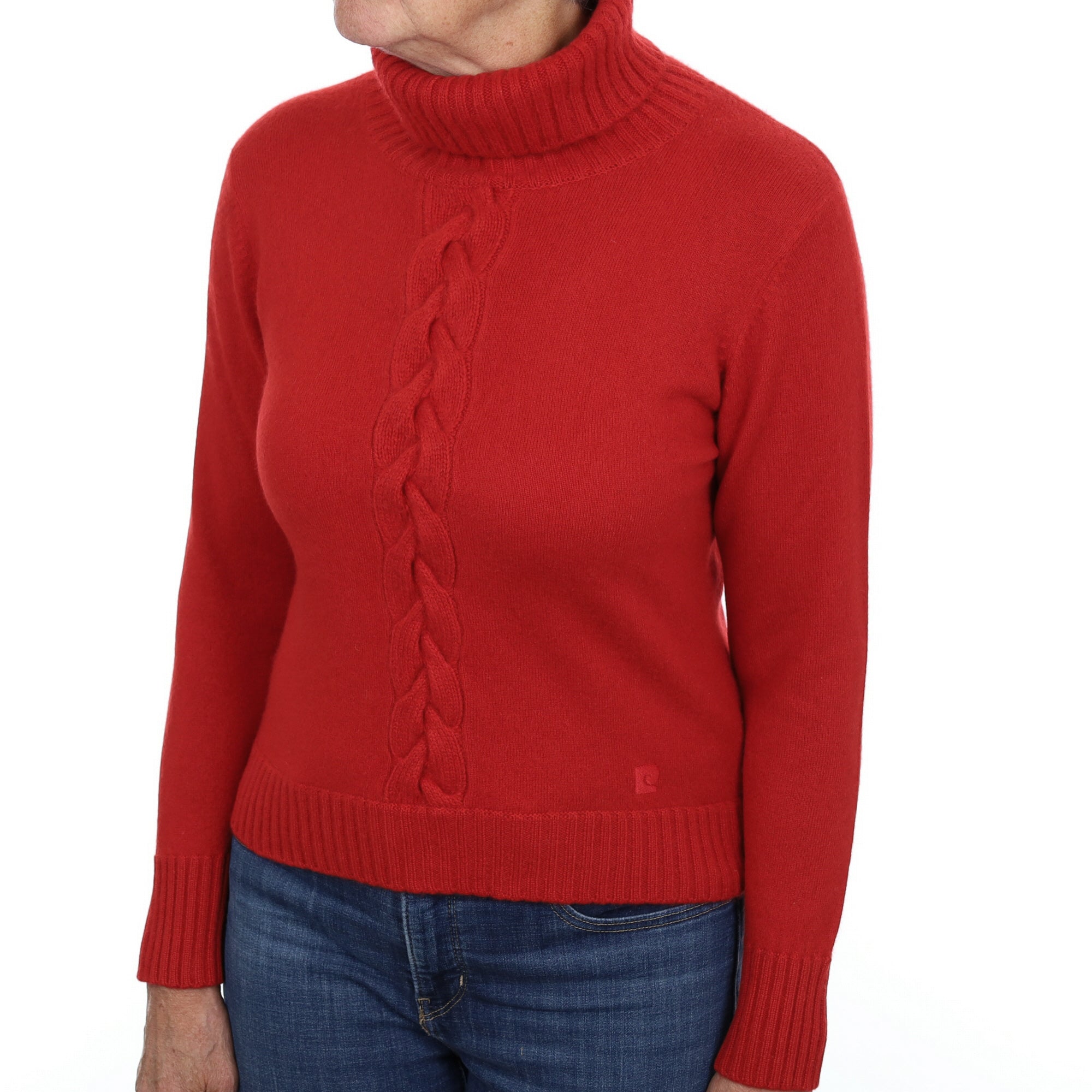 Scarlet Red Cable Detail Cashmere Polo Neck Jumper Medium