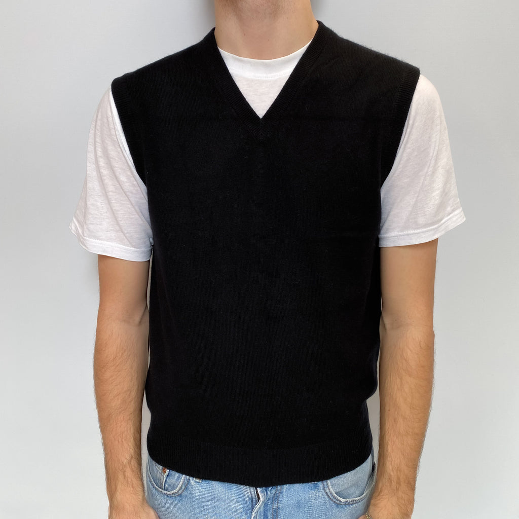 Men's Black Cashmere V Neck Tank Top Large