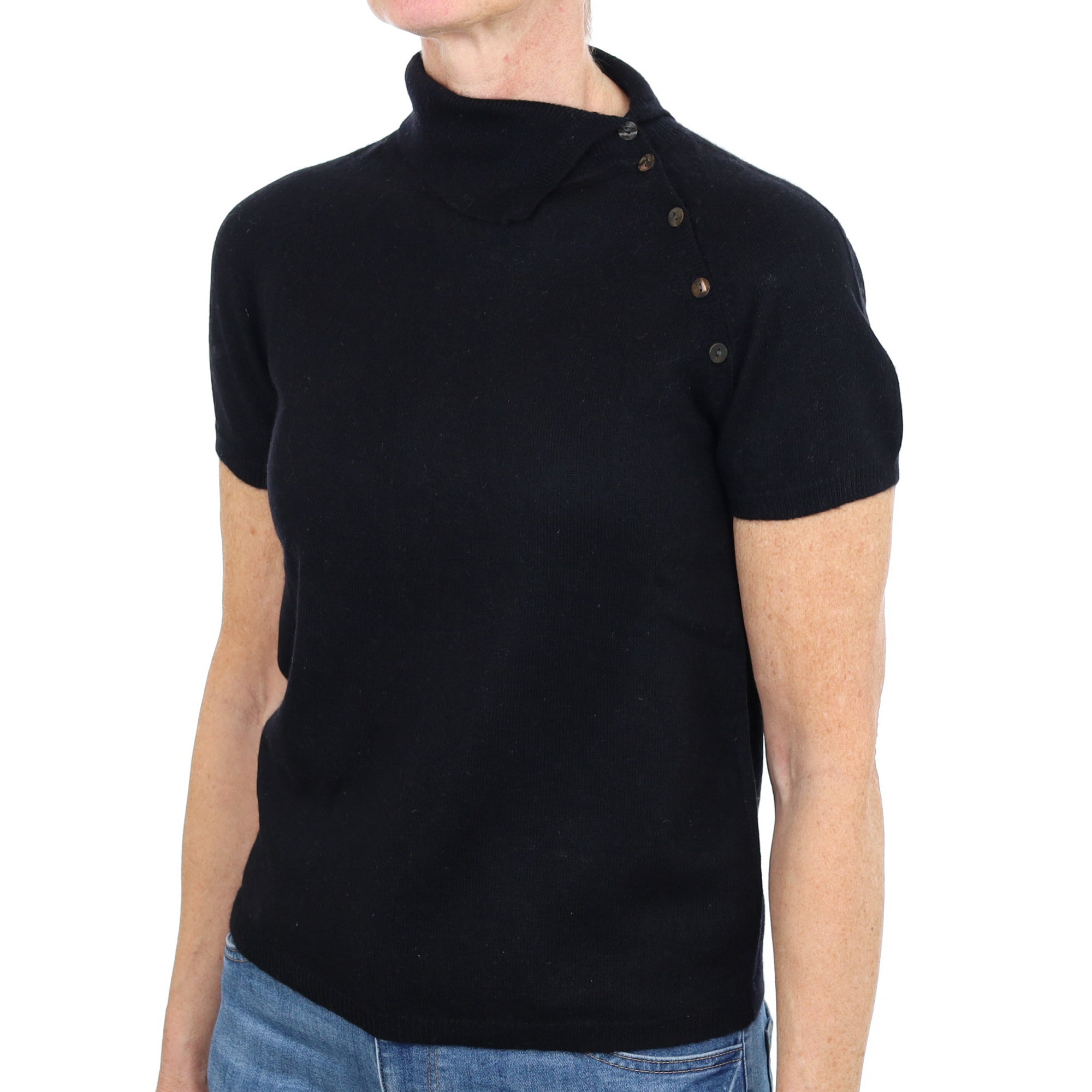 Black Cashmere Split Polo Neck Short Sleeved Jumper Small