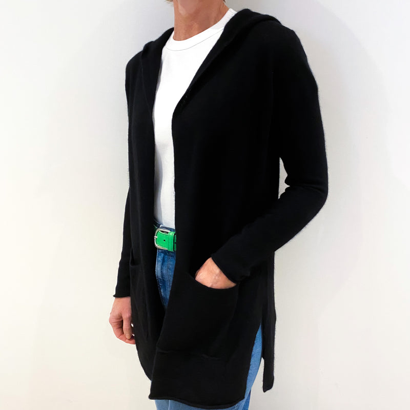 Black Cashmere Edge to Edge Cardigan with Hood Small