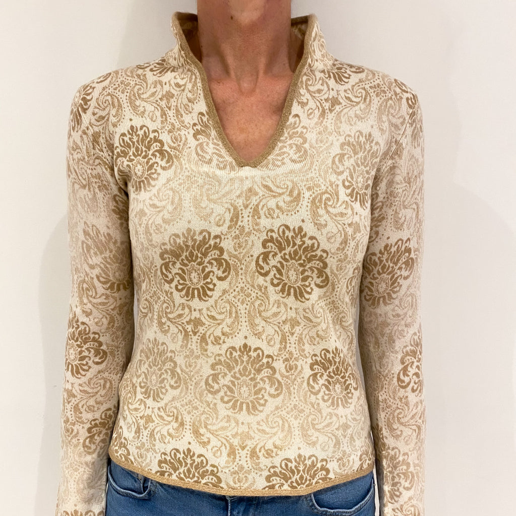 Camel Brown and Cream Floral Cashmere V Neck Jumper with a Mandearin Collar Small