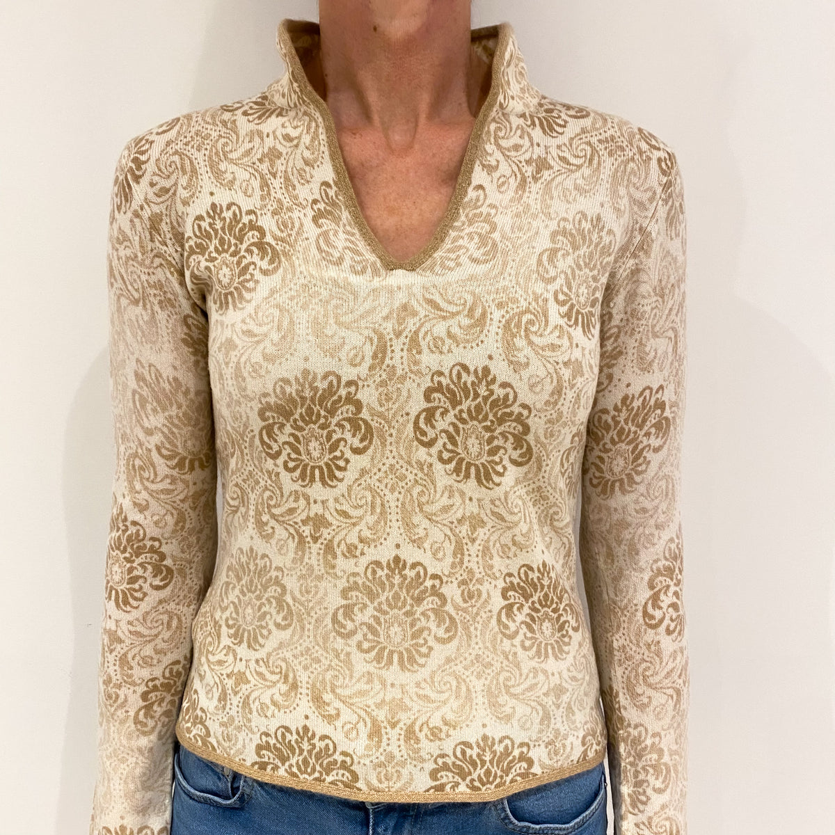 Camel Brown and Cream Floral Cashmere V Neck Jumper with a Mandearin Collar Small