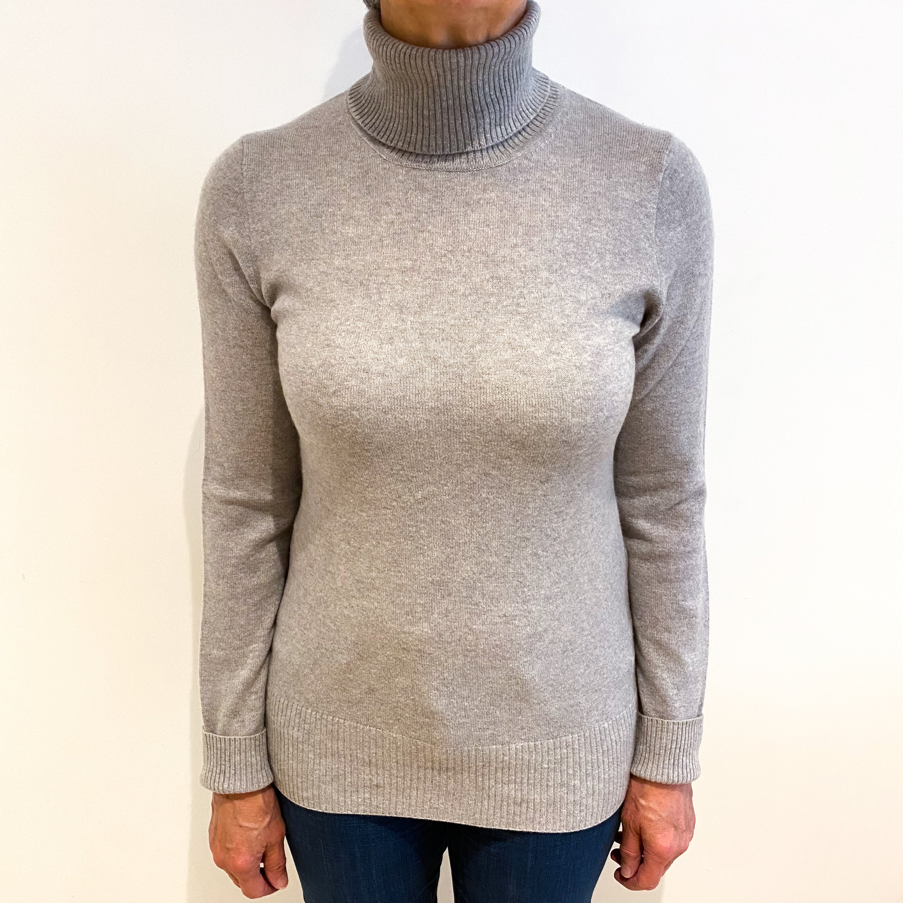 Silver Grey Cashmere Polo Neck Jumper Medium