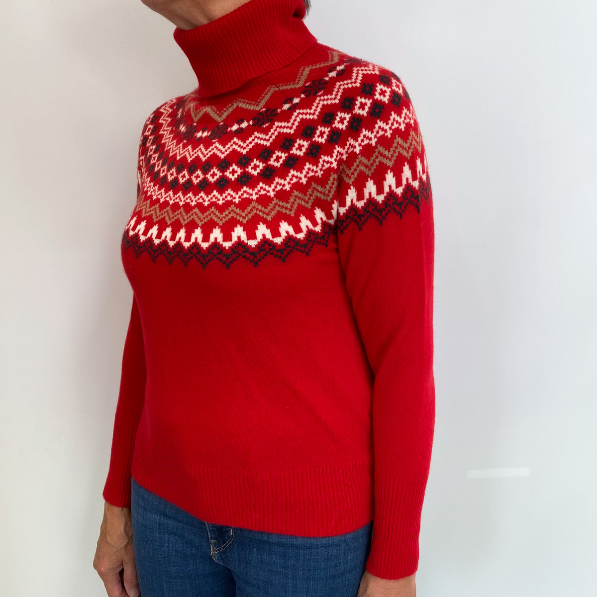 Red Fair Isle Cashmere Polo Neck Jumper Medium