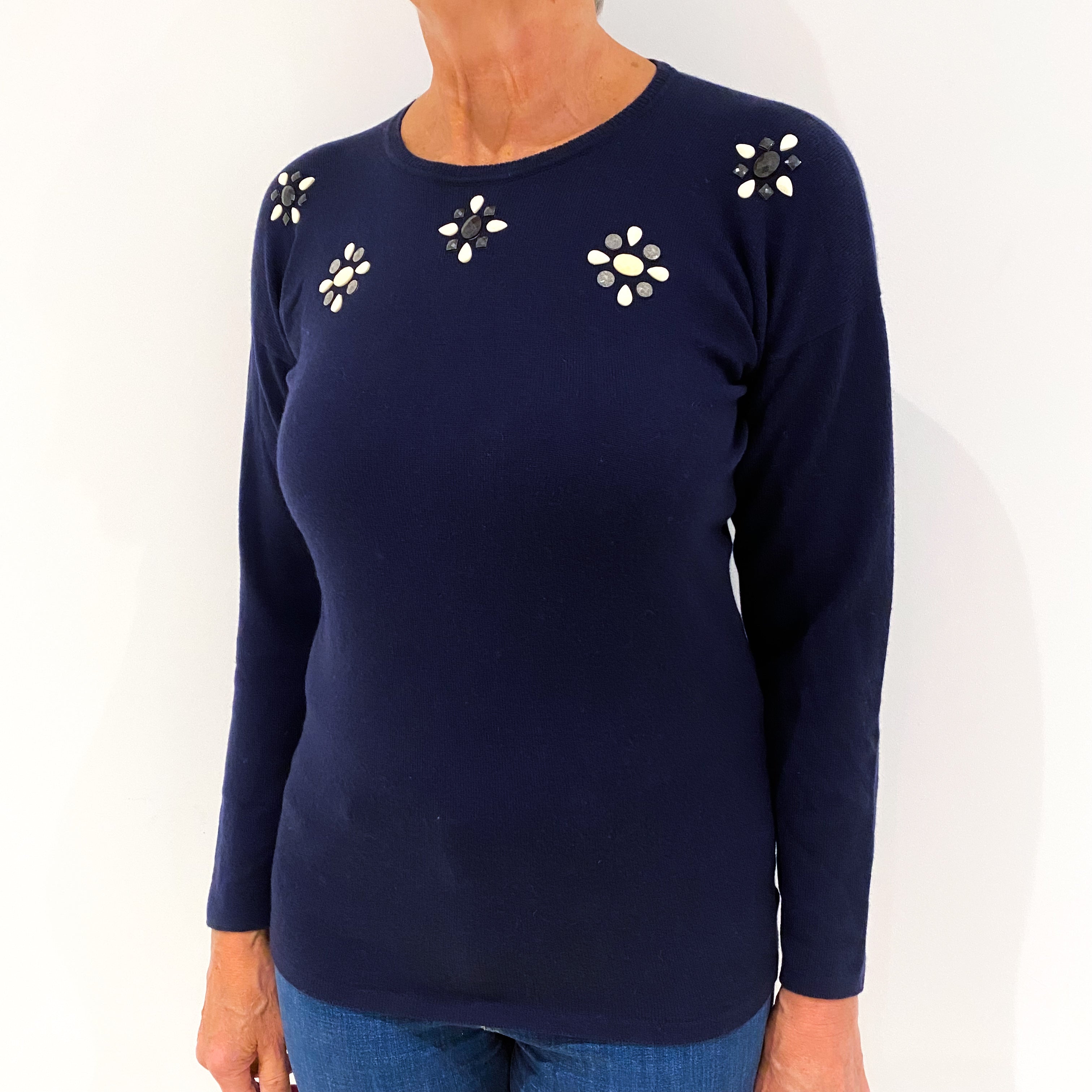 Brand New Scottish Navy Blue Embellished Cashmere Crew Neck Jumper Medium