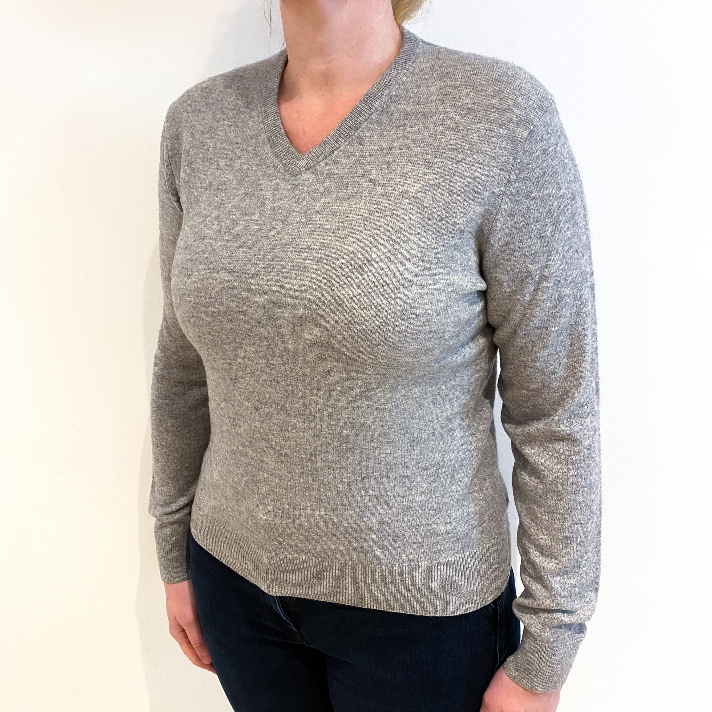 Smoke Grey Cashmere V Neck Jumper Large
