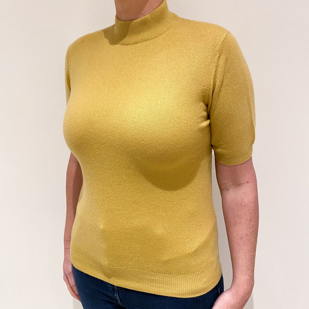 Mustard Yellow Cashmere Short Sleeved Turtleneck Jumper Large