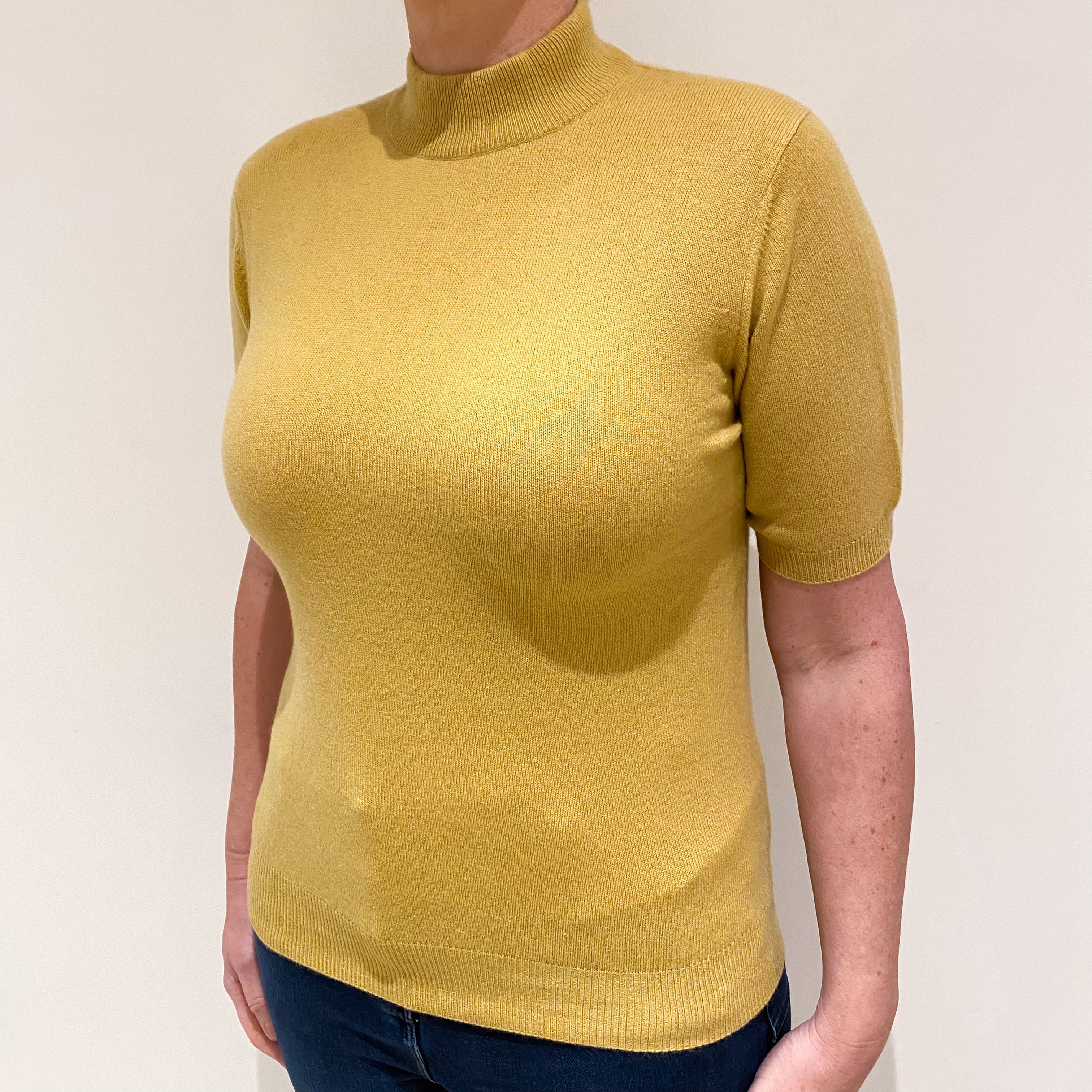 Mustard Yellow Cashmere Short Sleeved Turtleneck Jumper Large