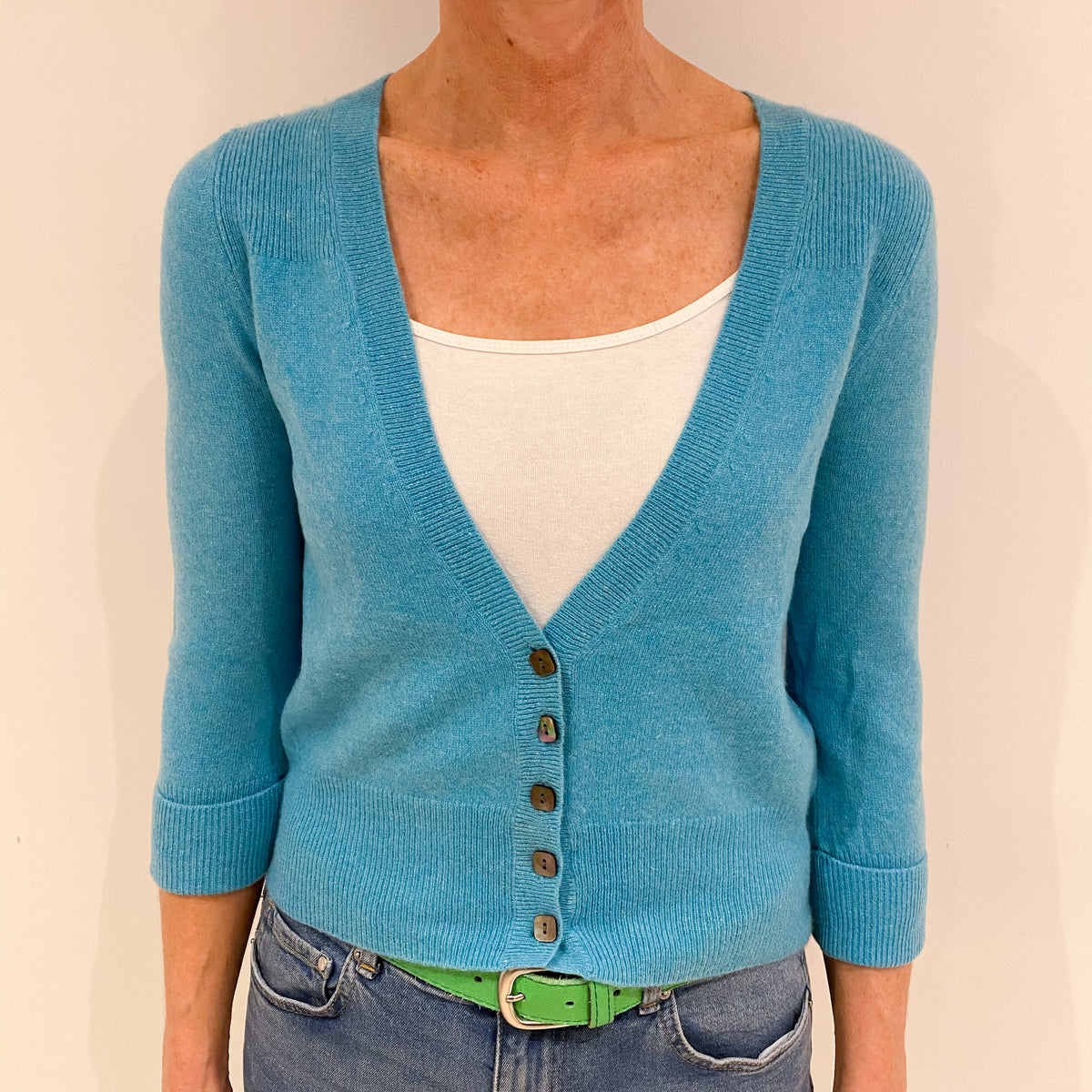 Turquoise Blue Deep V-Neck Cashmere Cardigan Small