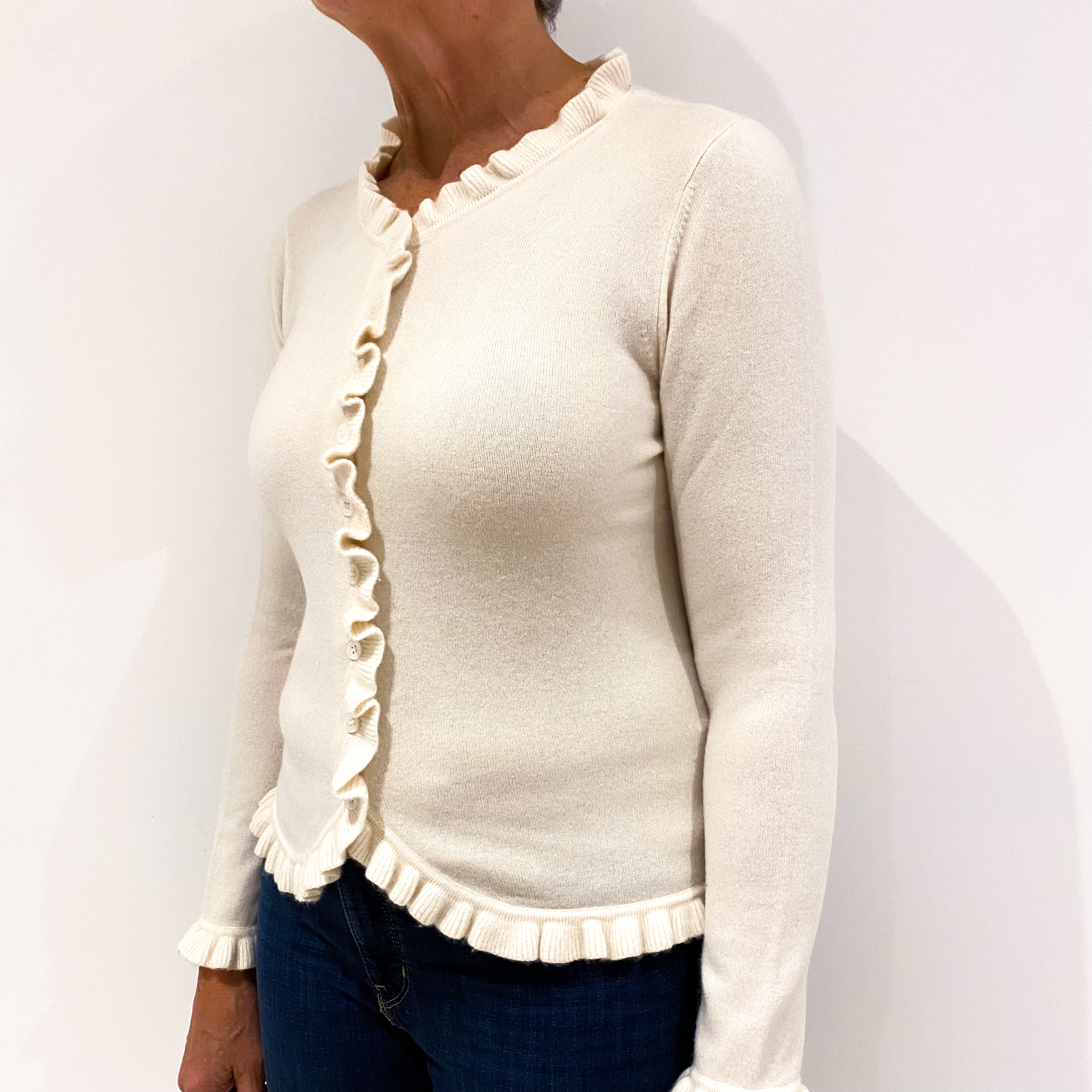 Cream Frilled Cashmere Crew Neck Cardigan Medium