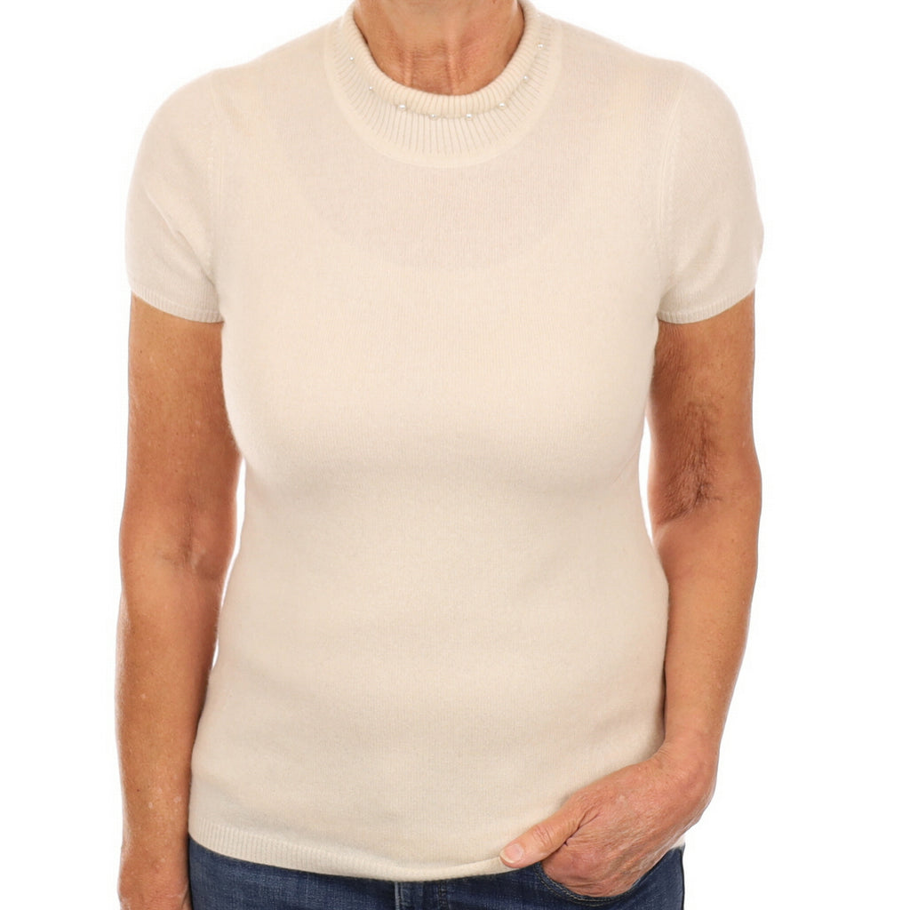 Cream Peal Trimmed Cashmere Short Sleeve Turtle Neck Jumper Medium