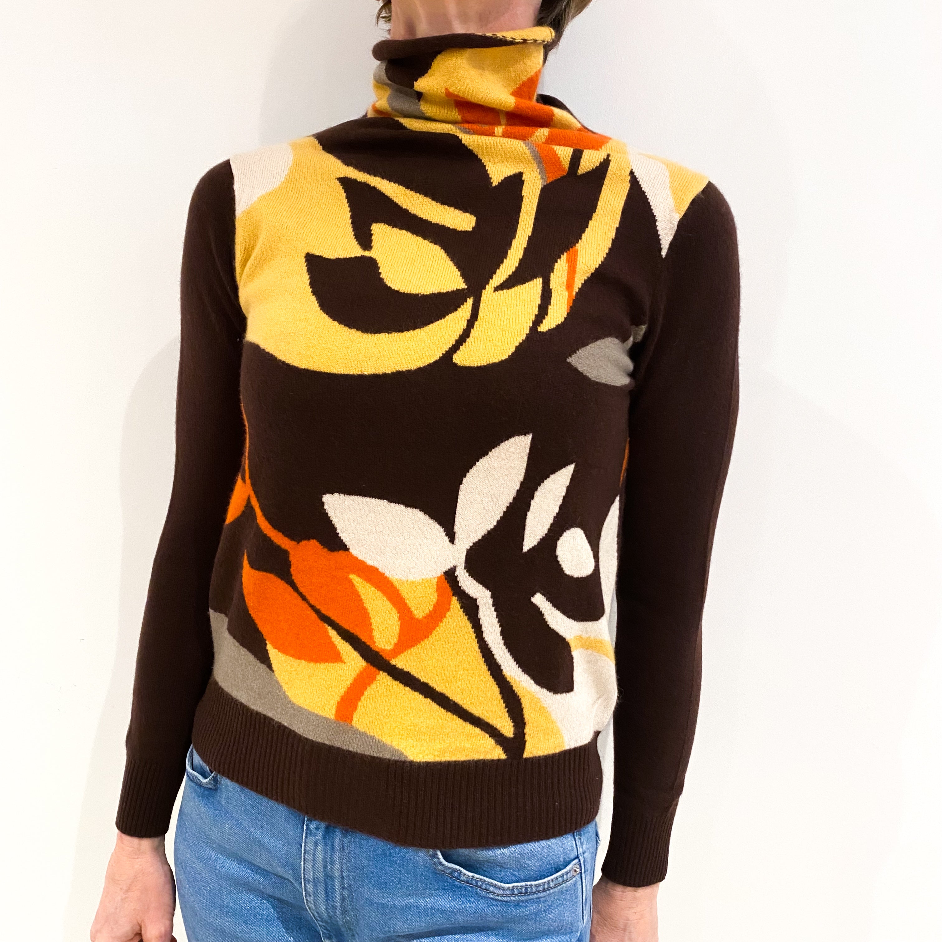 Chocolate Brown Botanical Cashmere Funnel Neck Jumper Small