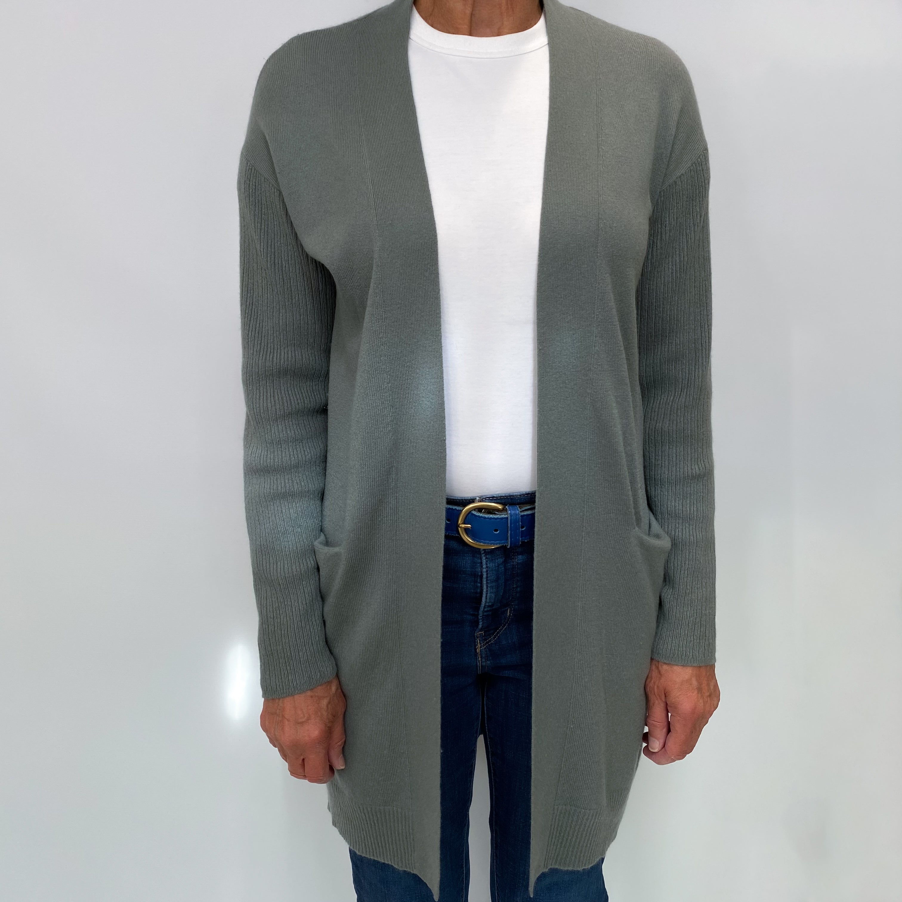 Theory Stone Green Edge to Edge Cashmere Cardigan Medium