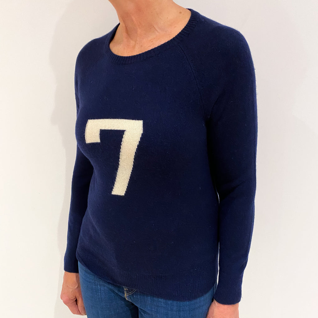 Navy Blue and Cream No.7 Cashmere Crew Neck Slim Fit Jumper Medium