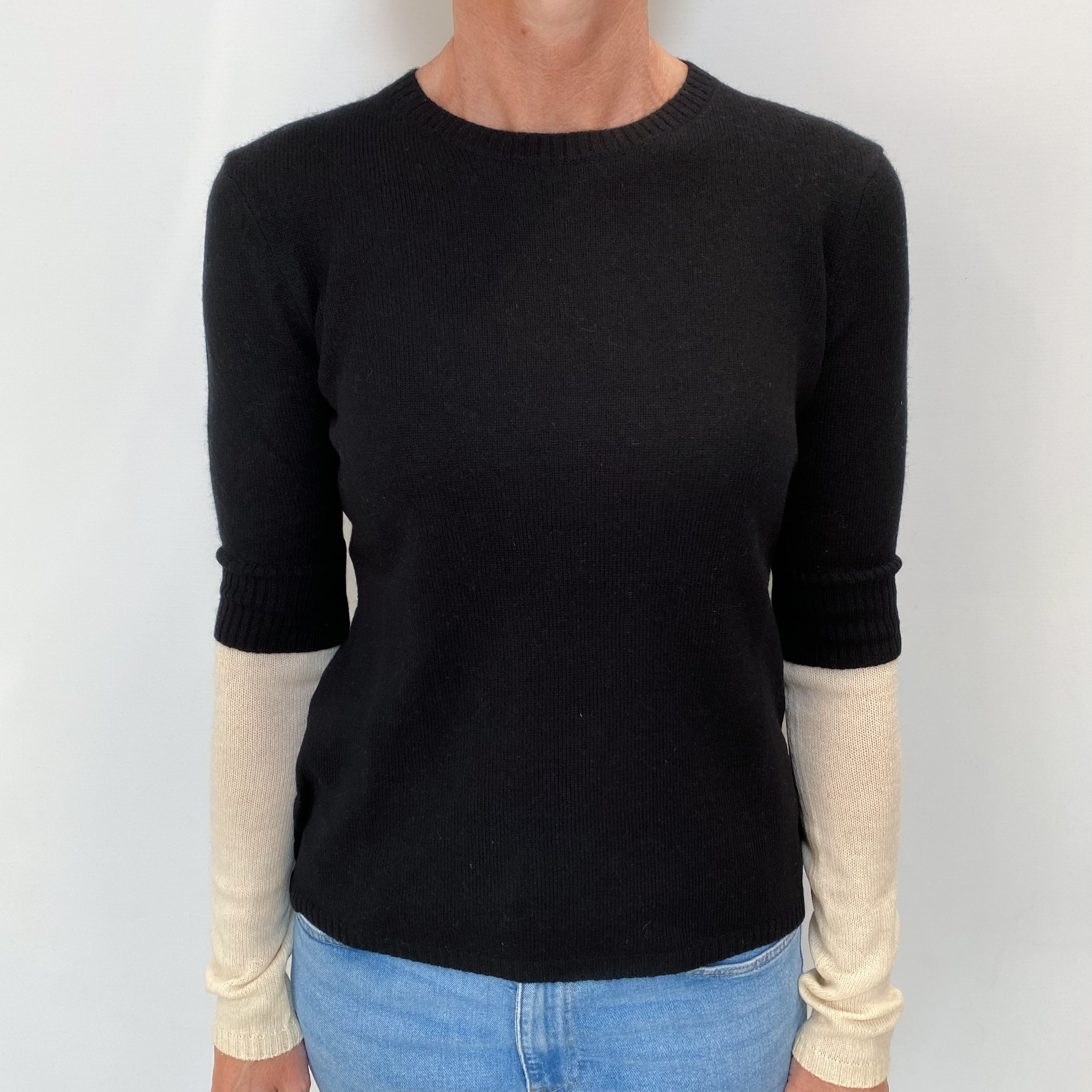 Black and Cream Cashmere Crew Neck Jumper Small