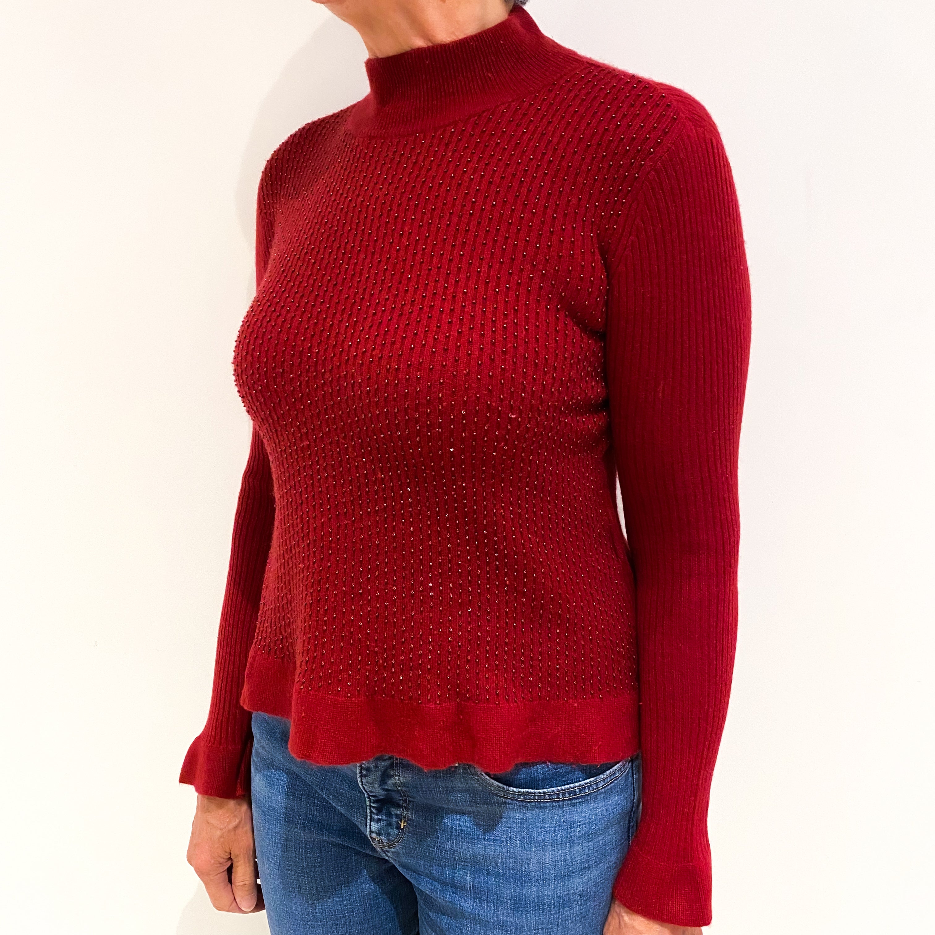 Maroon Red Beaded Cashmere Turtle Neck Jumper Medium
