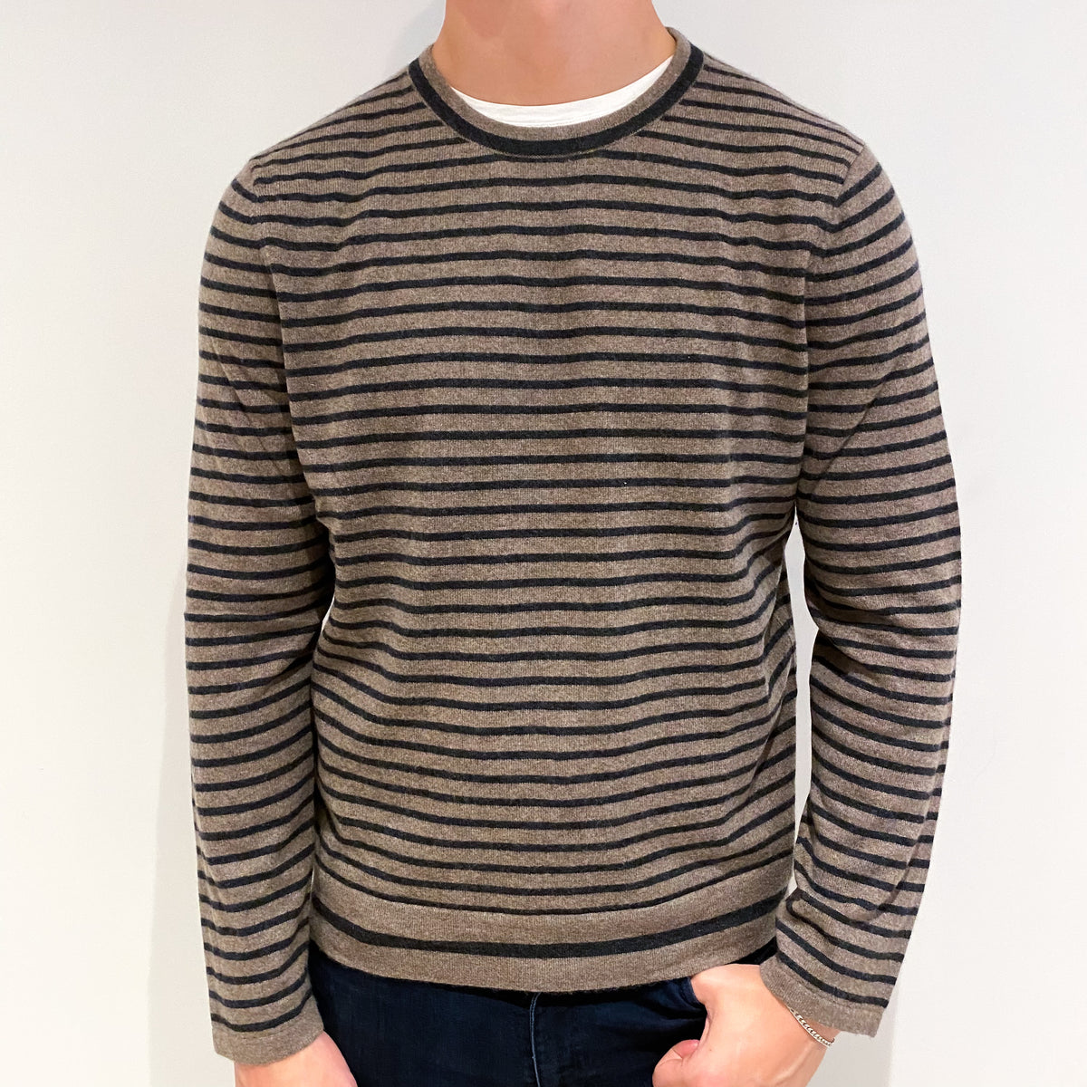 Men's Mocha Black Stripe Cashmere Crew Neck Jumper Extra Large
