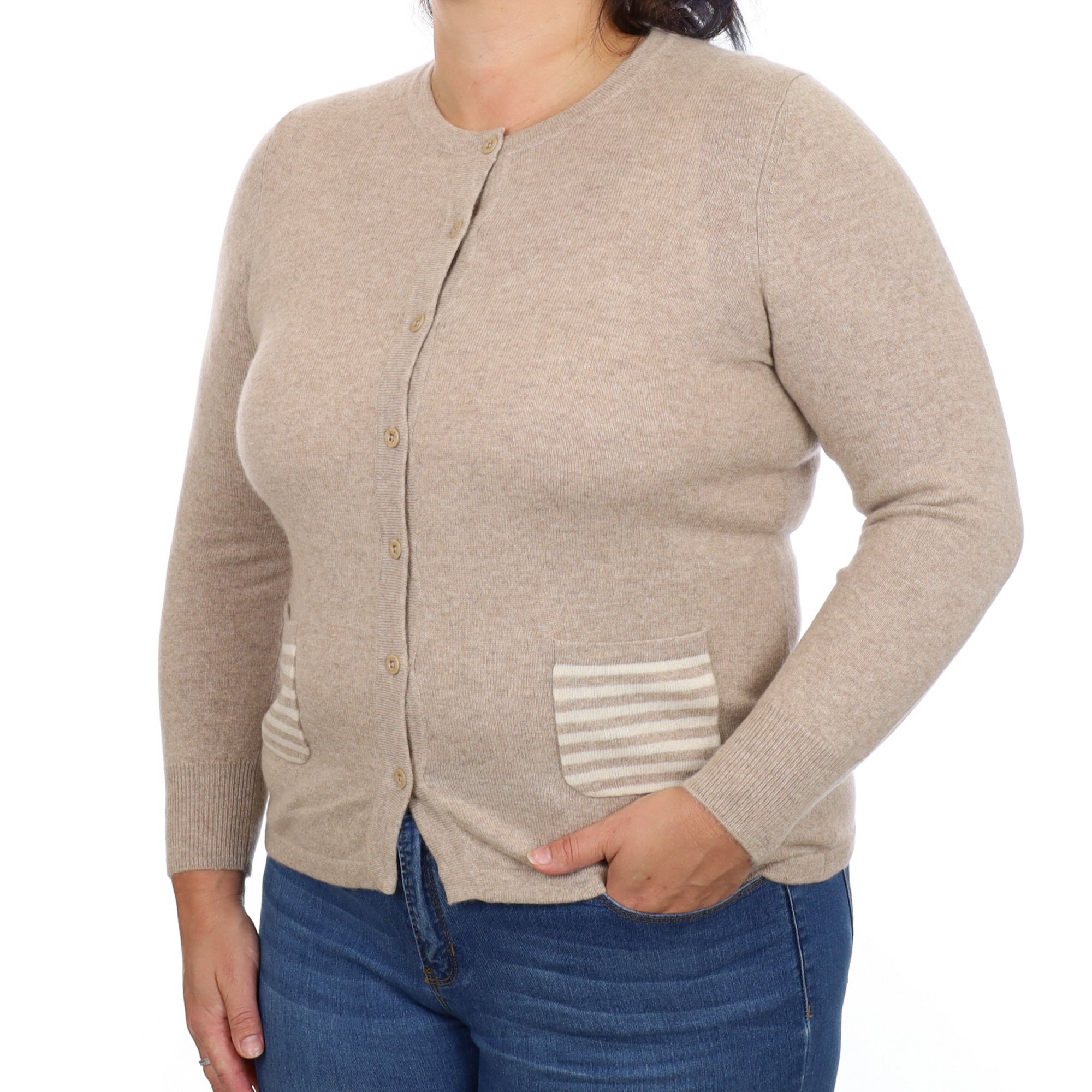 Fawn Beige Cashmere Crew Neck Cardigan Large