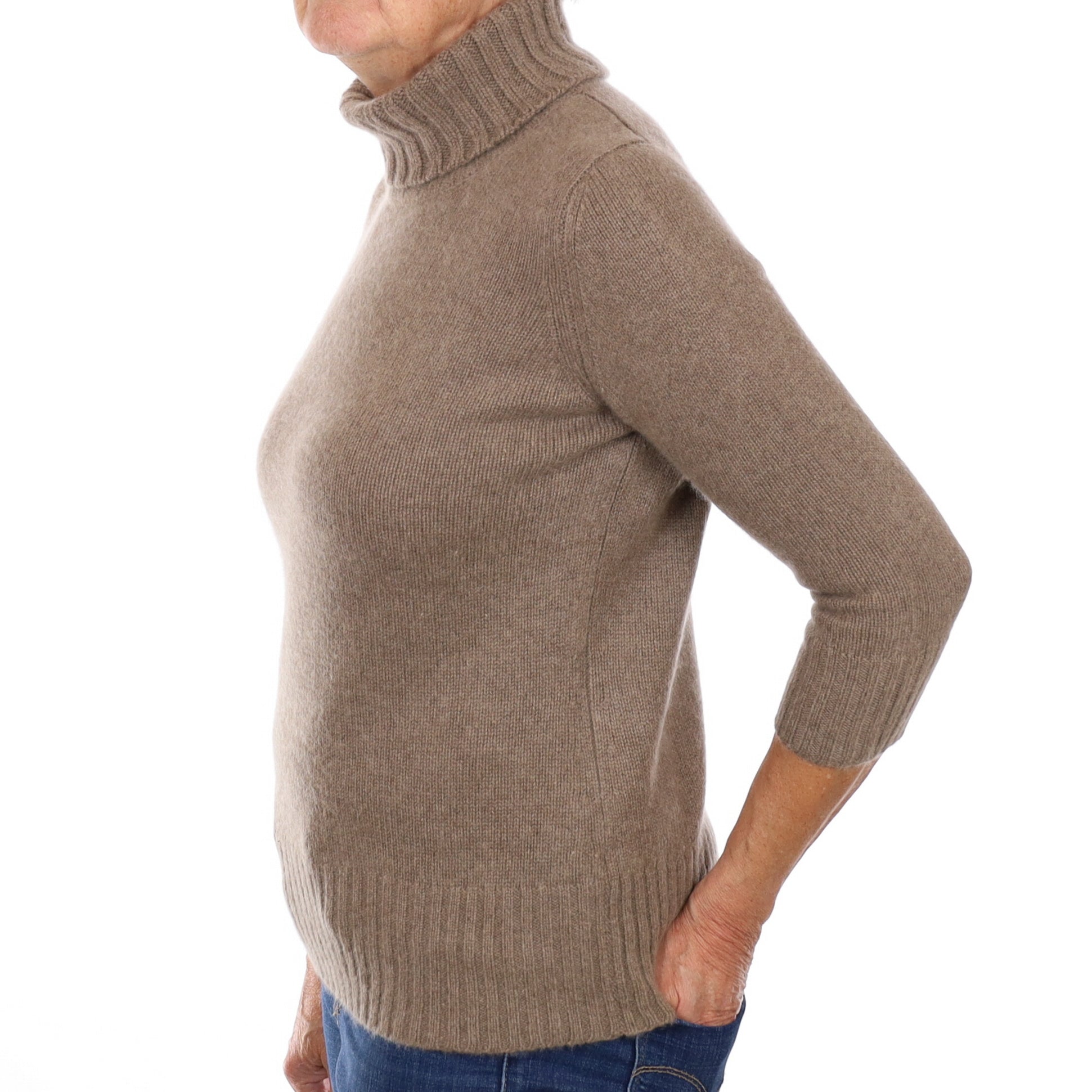 Taupe Brown Chunky Cashmere Polo Neck Jumper Medium