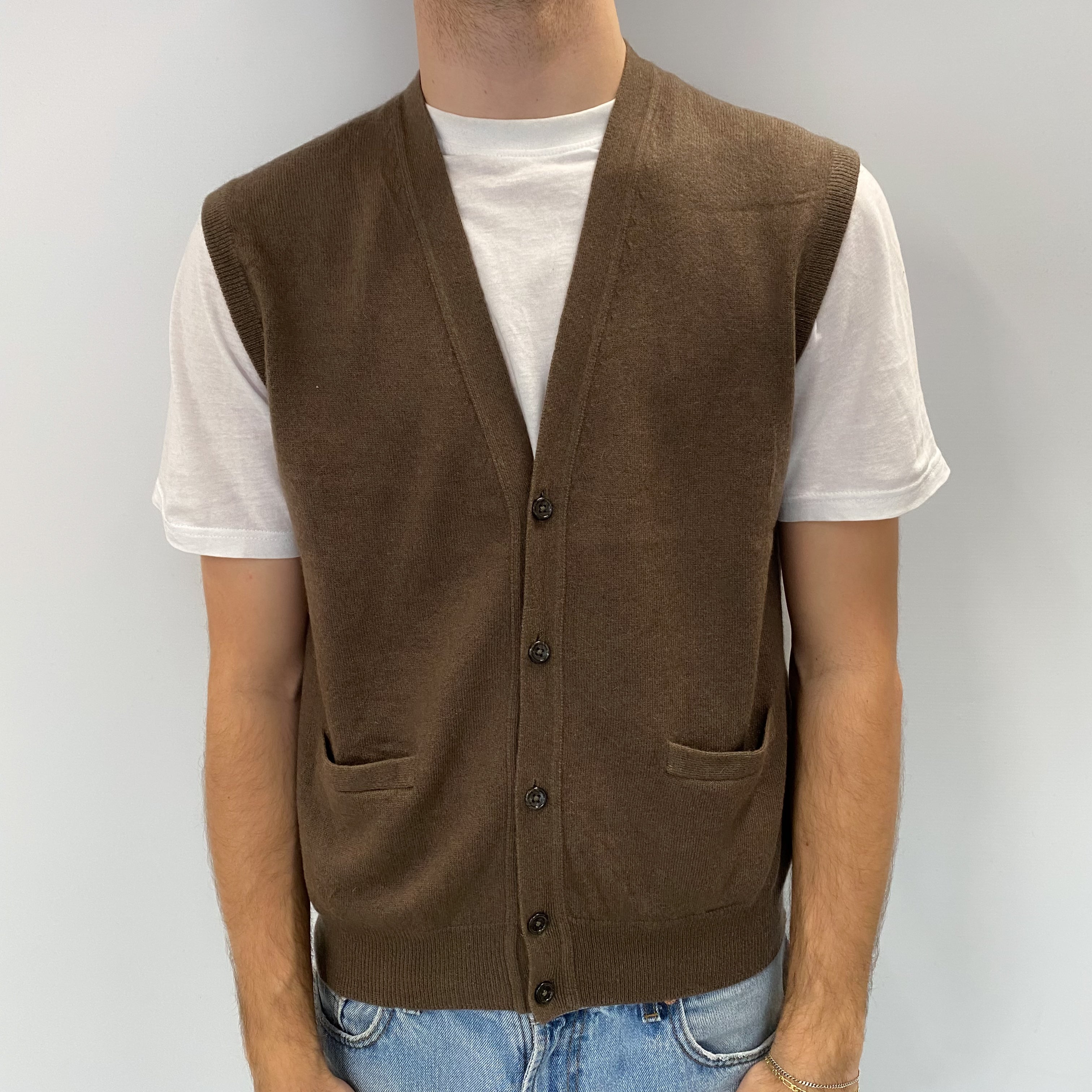 Men's Pecan Brown Cashmere V Neck Sleeveless Cardigan Medium