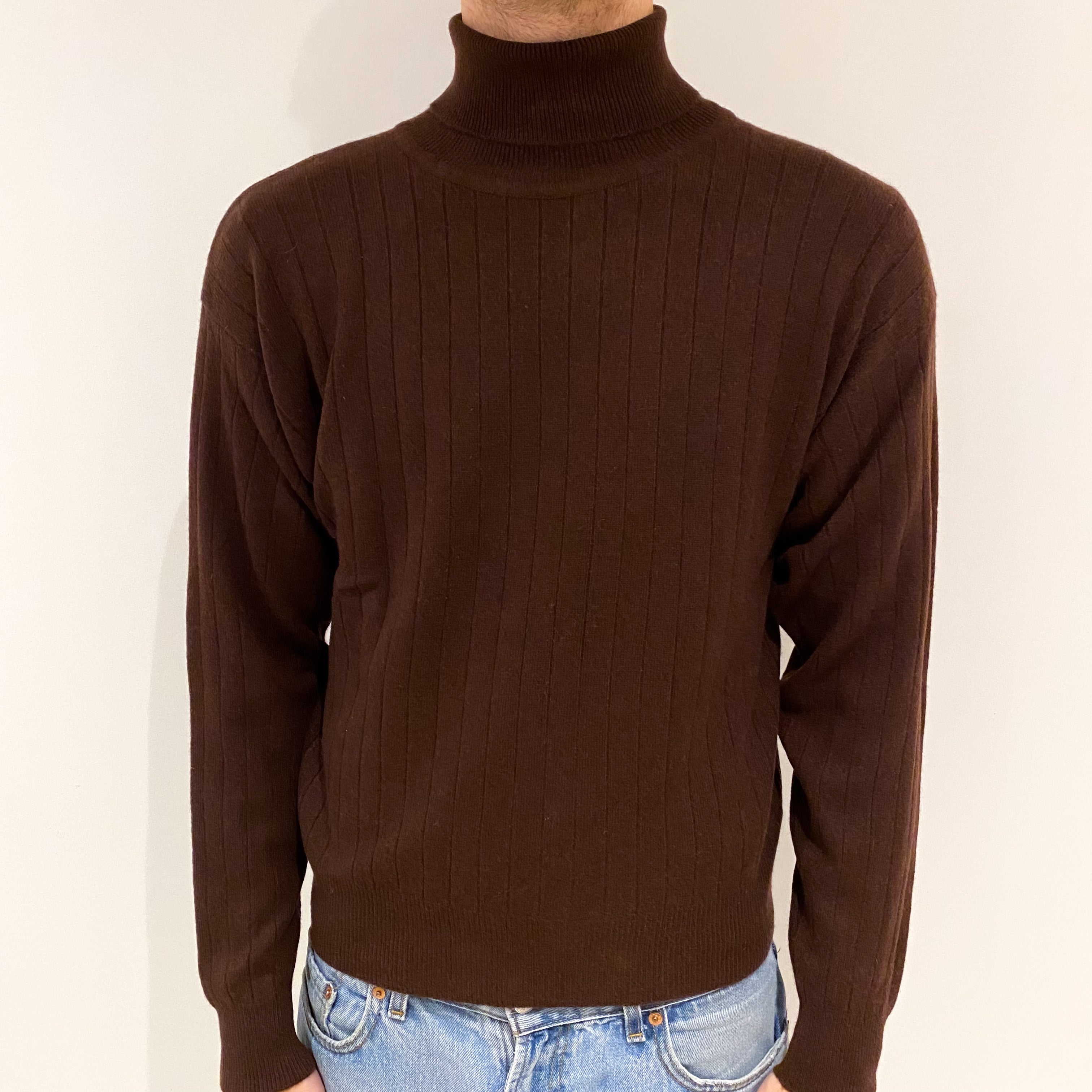 Men's Chocolate Brown Cashmere Polo Neck Jumper Large