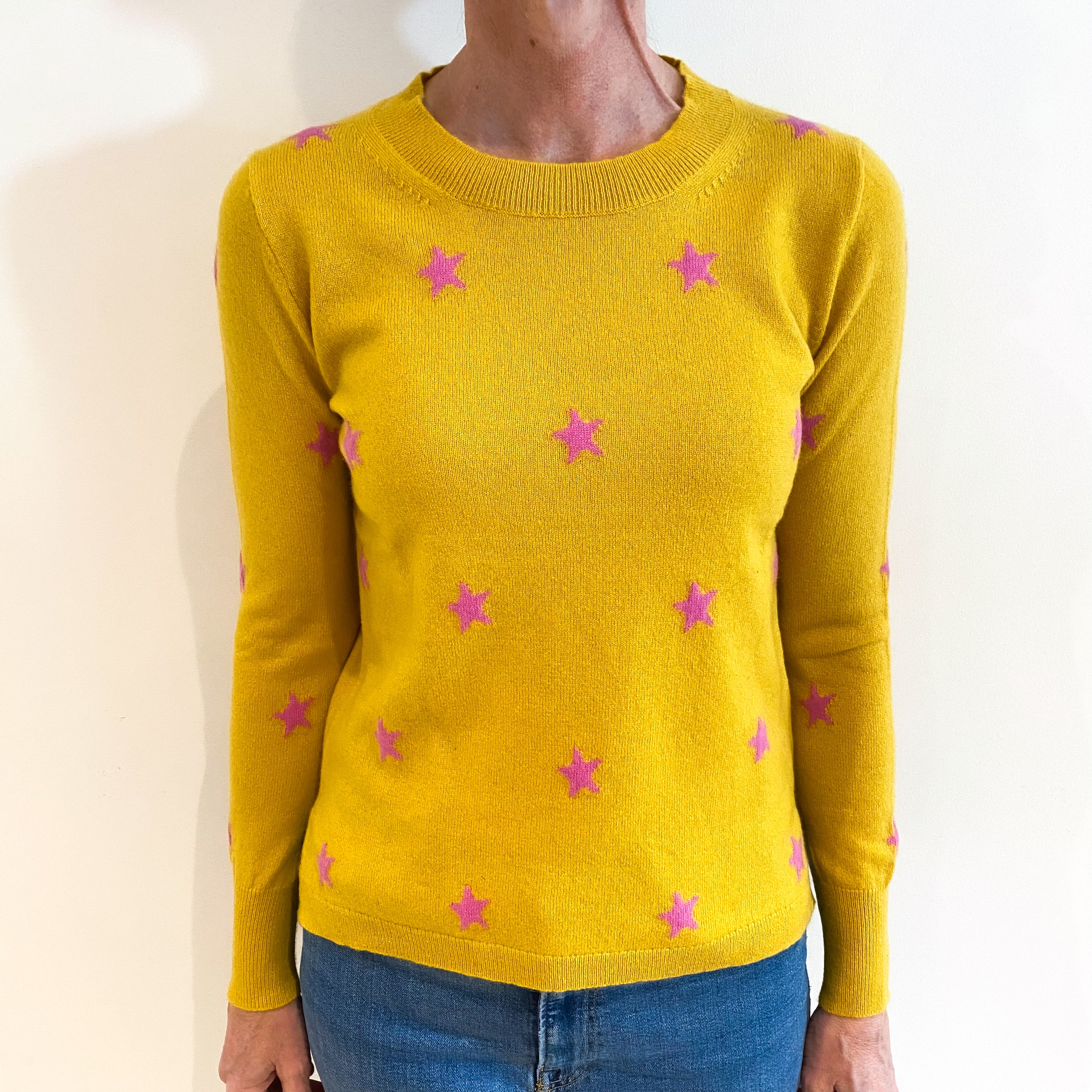 Mustard with Pink Stars Cashmere Crew Neck Jumper Small