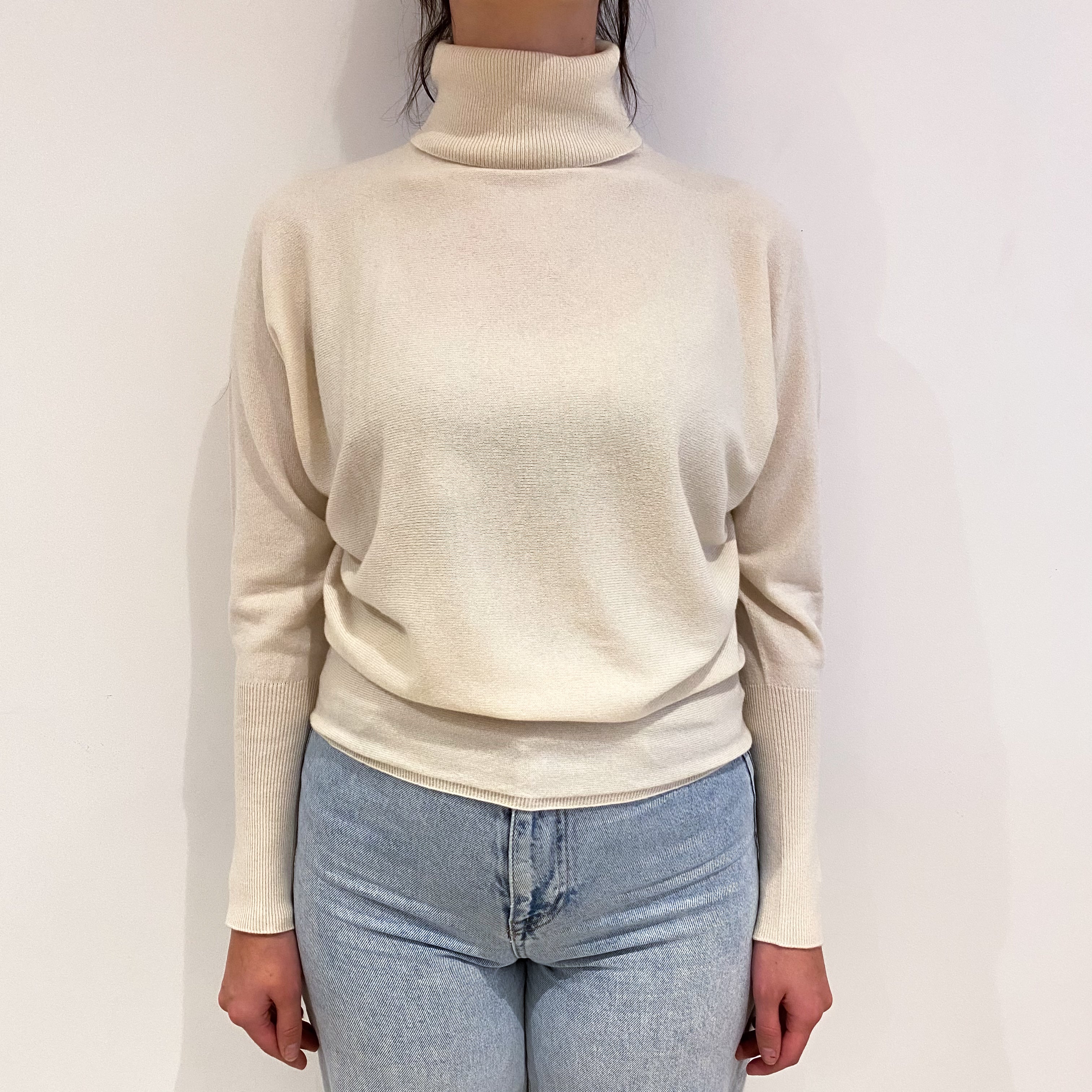 New Scottish Ivory Cashmere Polo Neck Batwing Jumper Small