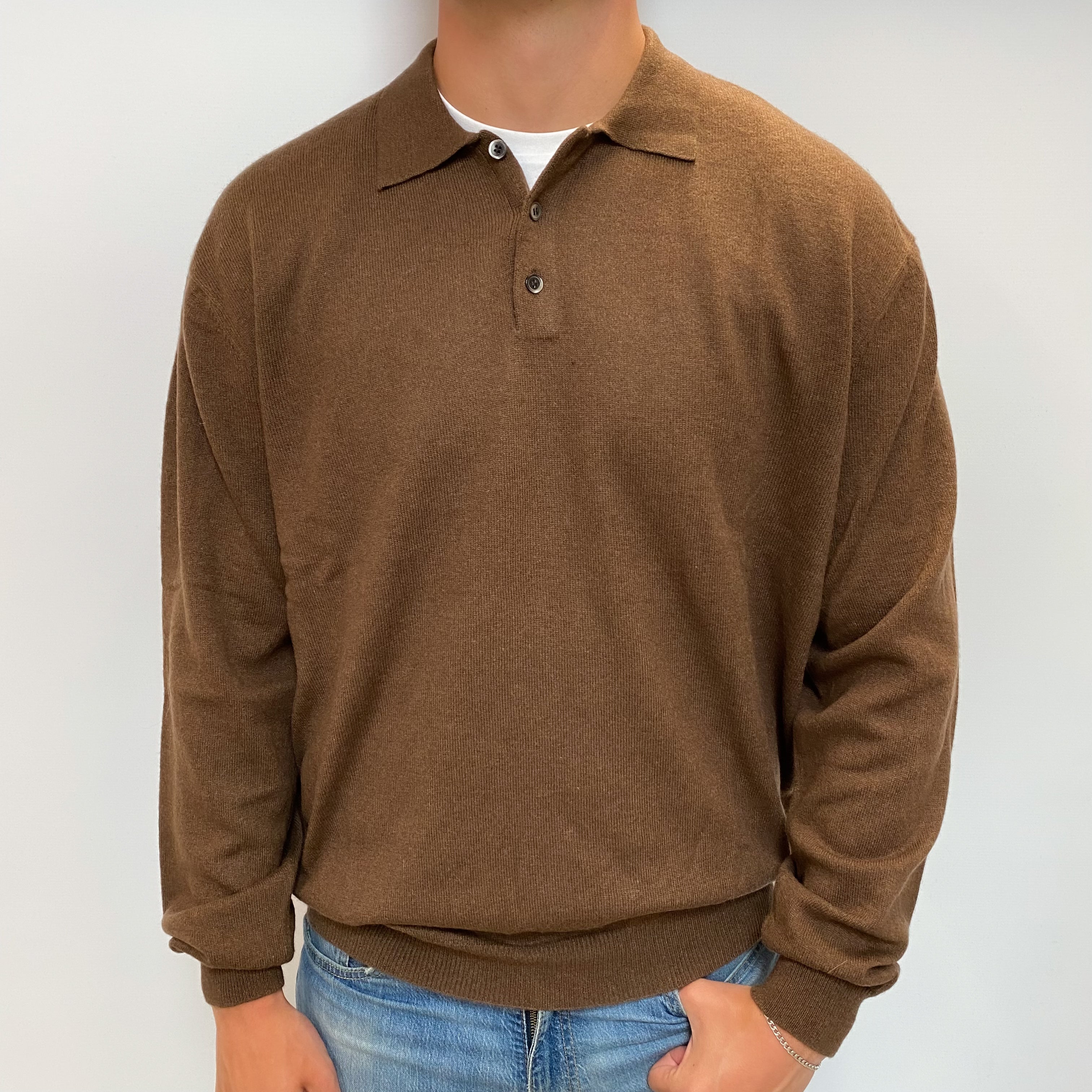 Men's Chocolate Brown Cashmere Collared Button Up Crew Neck Jumper XXL