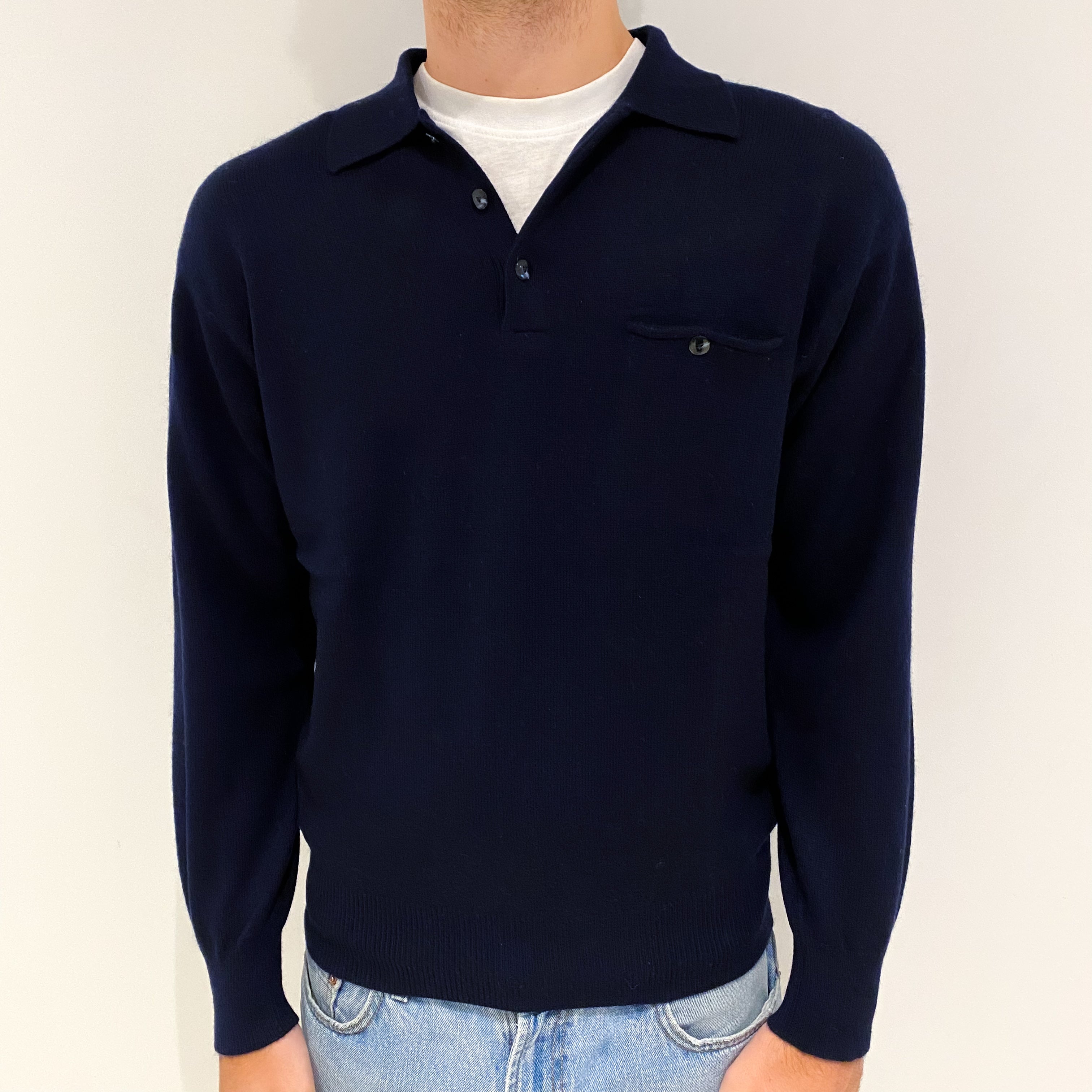 Men's Navy Blue Cashmere Button Collar Jumper Large