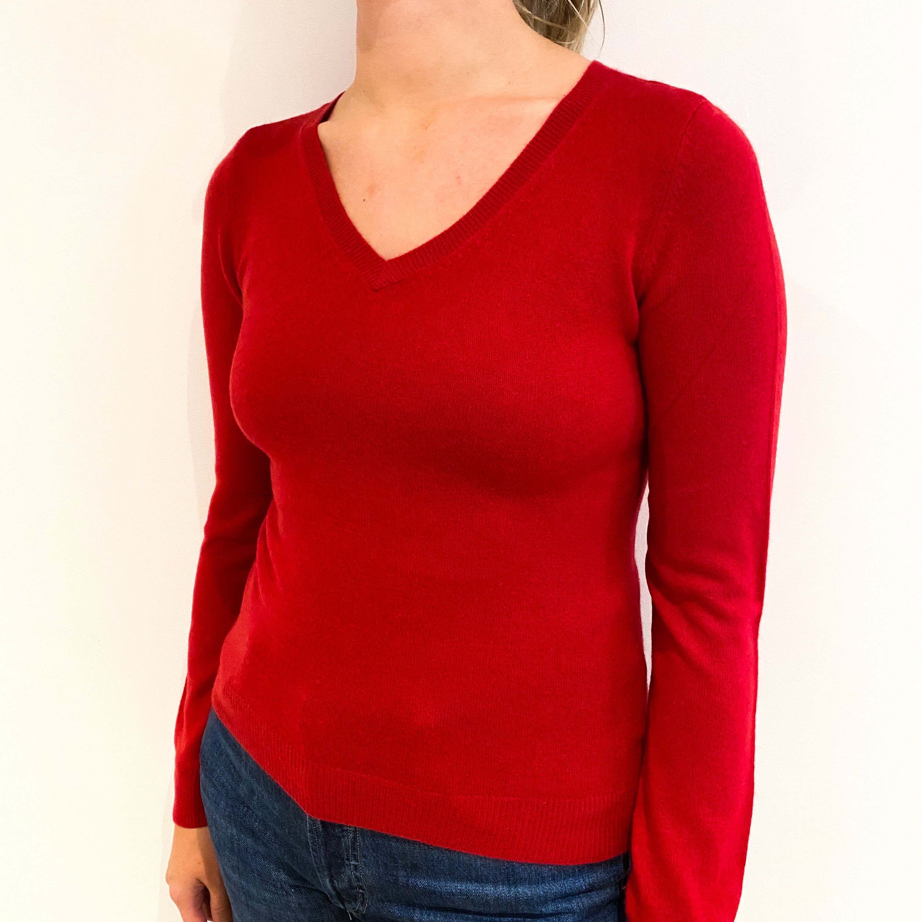 Post Box Red Cashmere V-Neck Jumper Small
