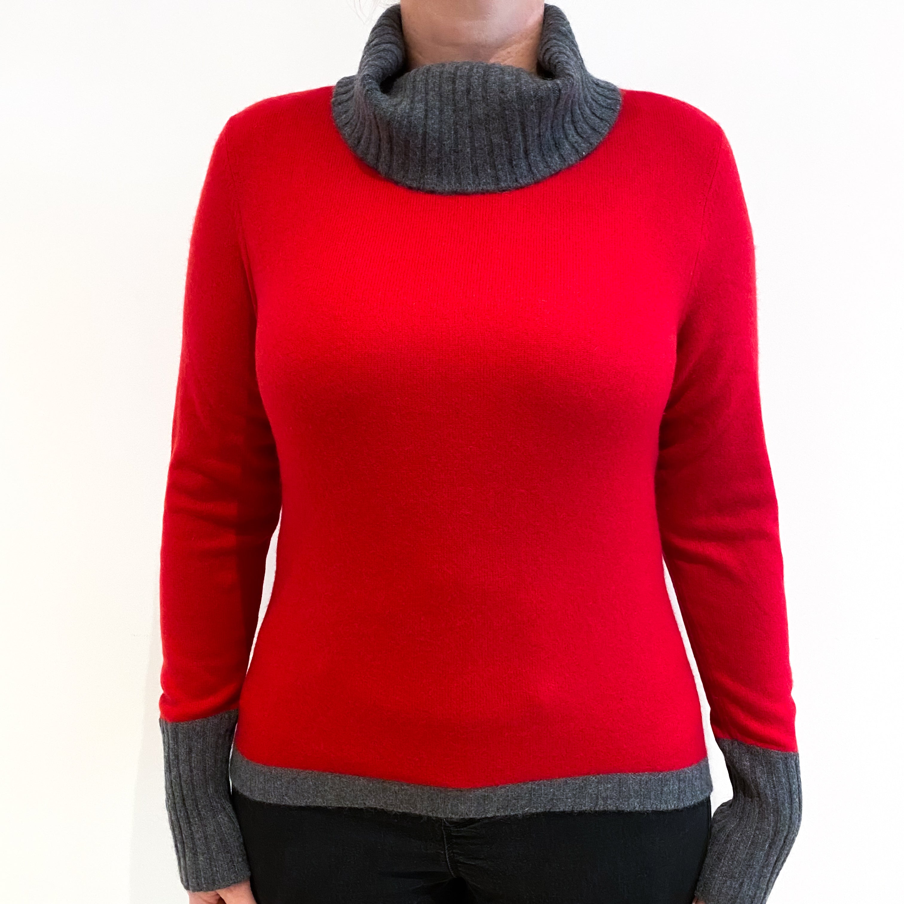 Scarlet Red and Slate Grey Cashmere Polo Neck Jumper Large