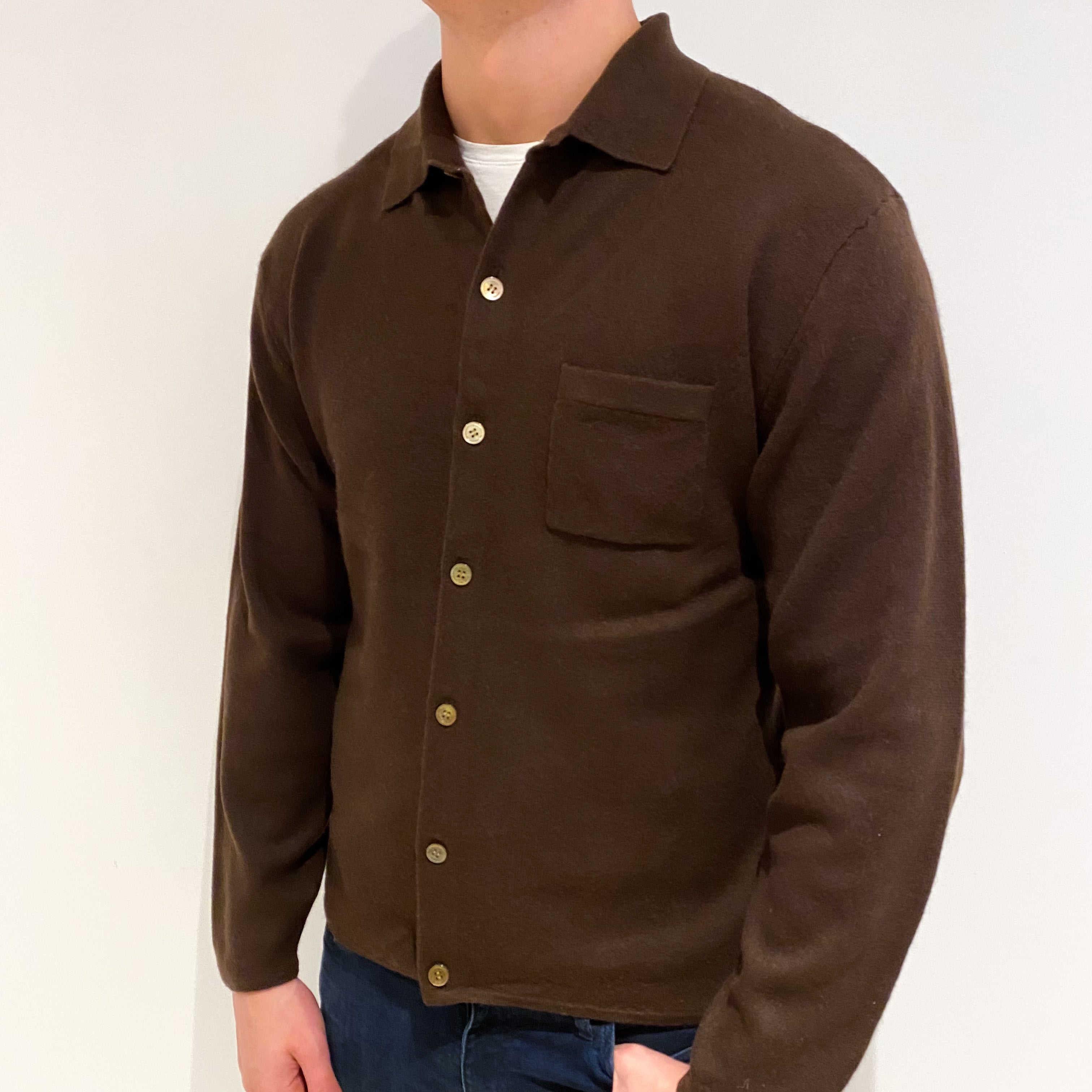 Men's Dark Chocolate Brown Cashmere Crew Neck Collared Cardigan XL