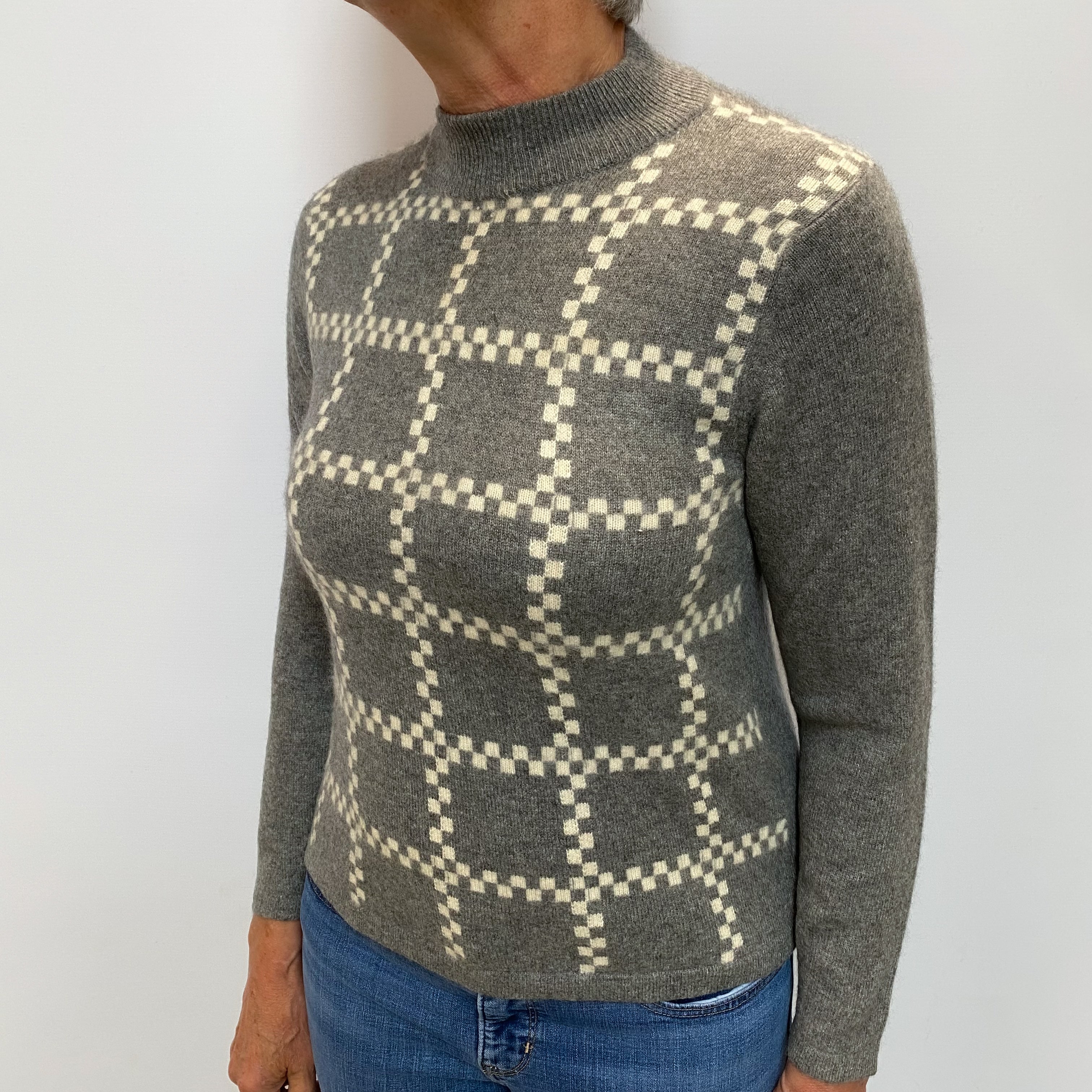 Ash Grey Patterned Cashmere Turtle Neck Jumper Medium