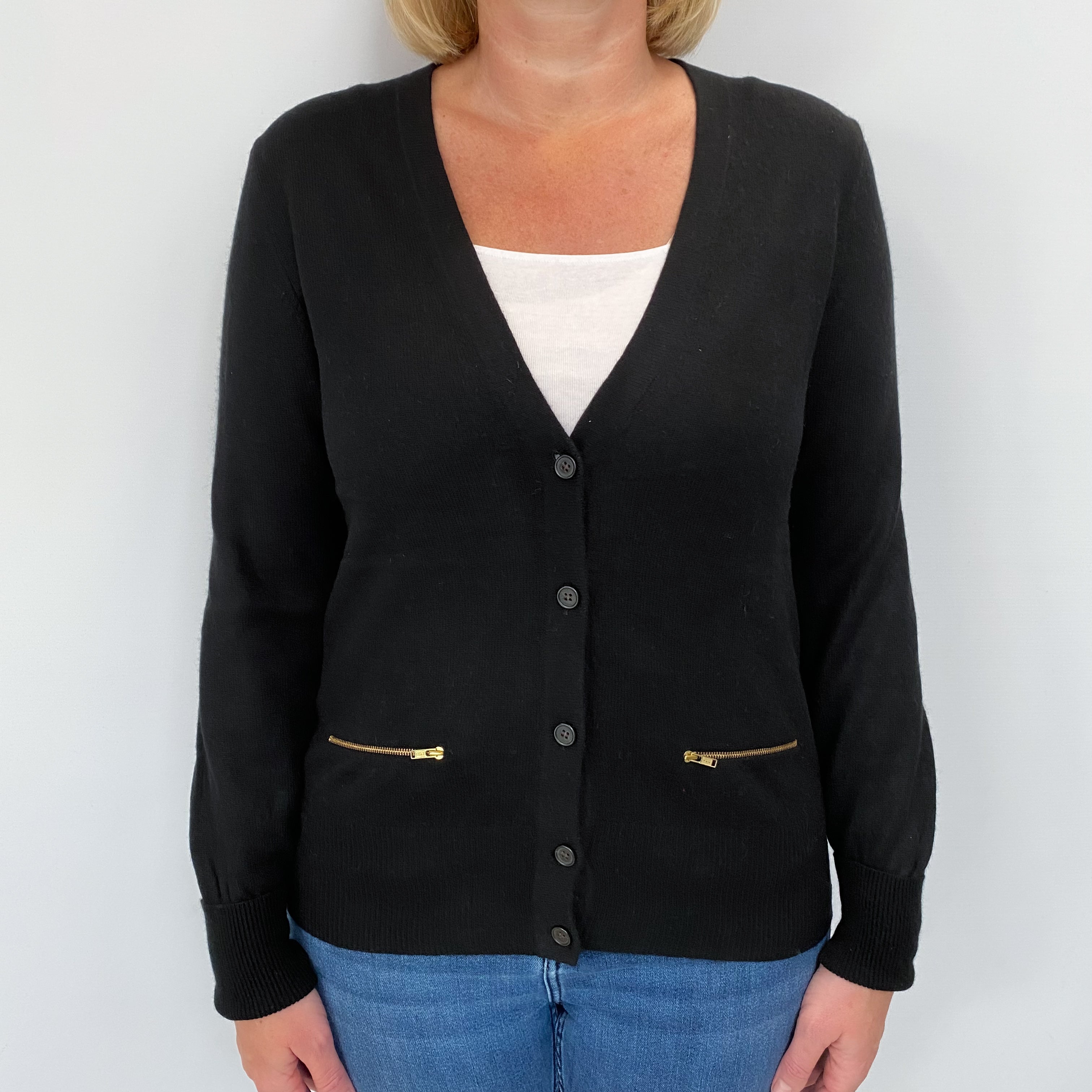 Black Cashmere V Neck Cardigan Large