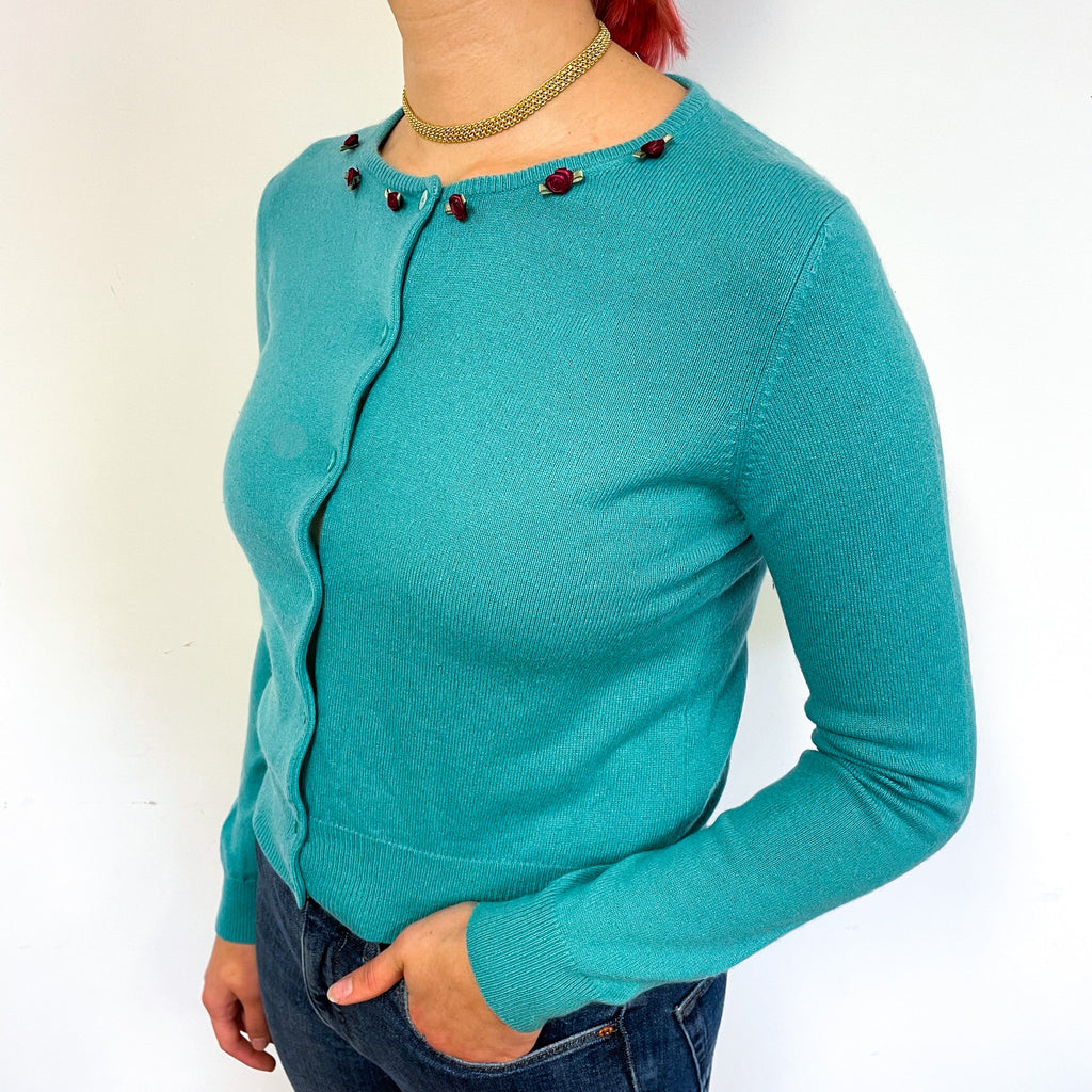 Aqua Green Rose Cashmere Crew Neck Cardigan Small